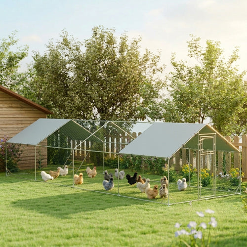 Large Chicken Coop Metal Chicken Run with Waterproof and Anti-UV Cover, Spire Shaped Walk in Fence Cage Hen House for Outdoor and Yard Farm Use, 1" Tube Diameter, 9.8' x 26.2' x 6.6'