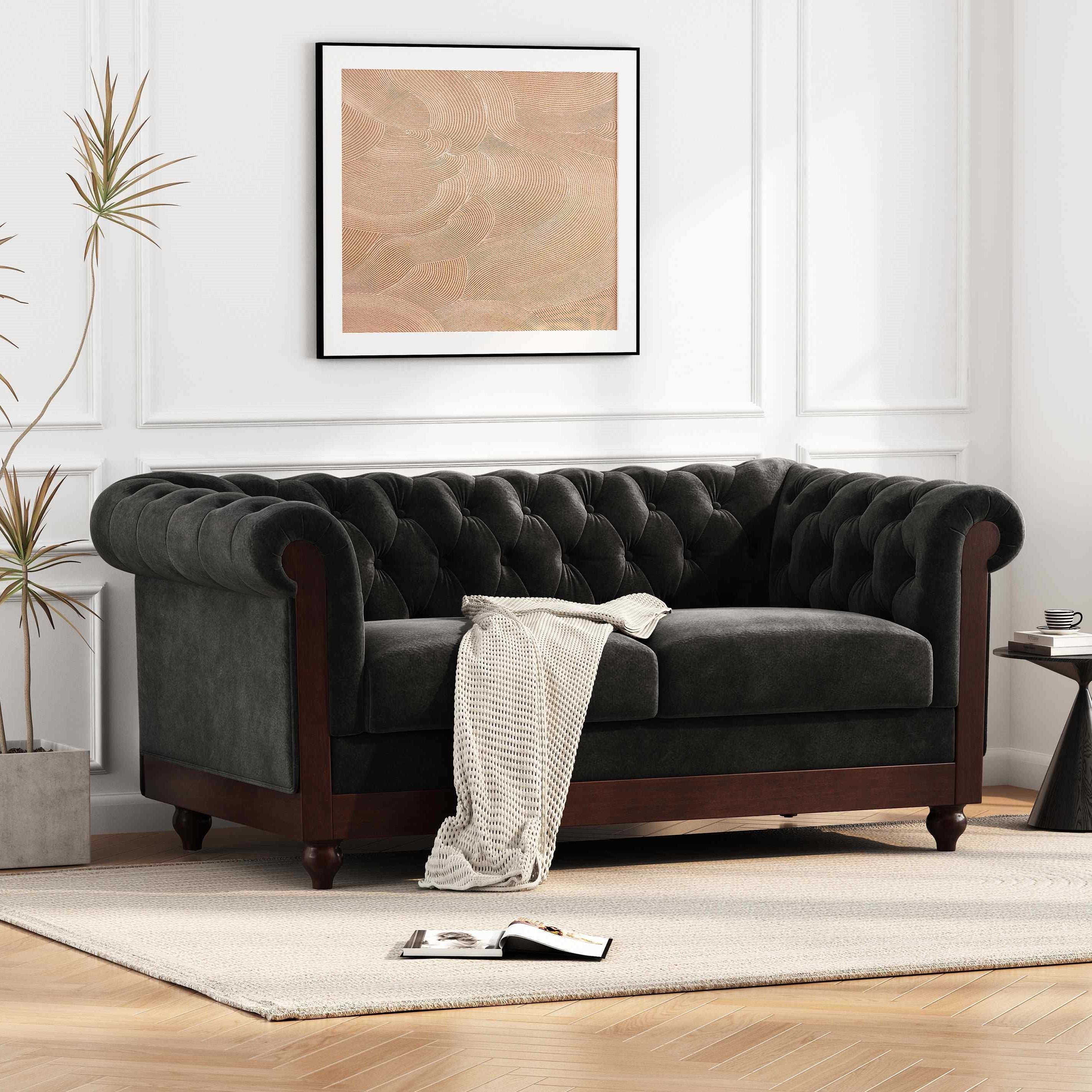 Chesterfield Velvet Loveseat Sofa, 2-Person Rolled Arm Upholstered Couch, with Tufted Buttons, Pine Wood Frame, 59.50" Wx34.00" Dx27.00" H, Black