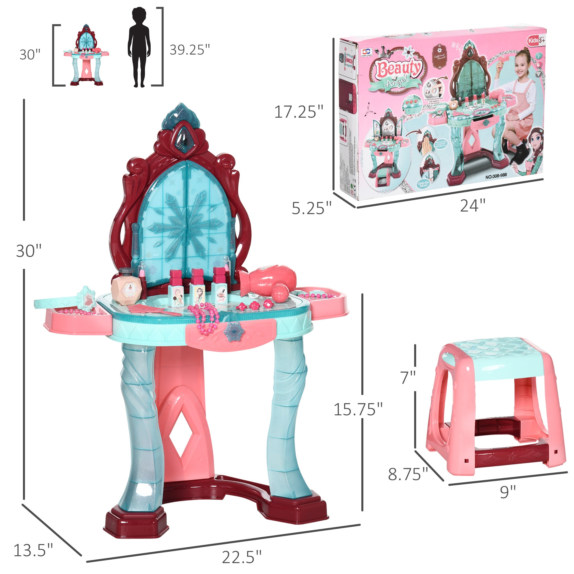 Kids Vanity Set with Self-Opening Magic Mirror, Princess Makeup Vanity Table Set with Music, Tabletop with Lights, Imaginative Toy for 3-6 Years Old Child