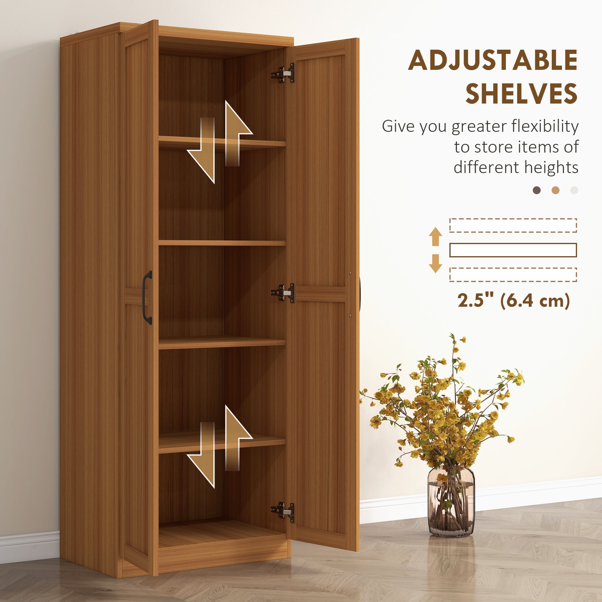 63" 2-Door Kitchen Pantry, Freestanding Cabinet with 2 Adjustable Shelves for Dining Room, Cinnamon Teak Wood Grain