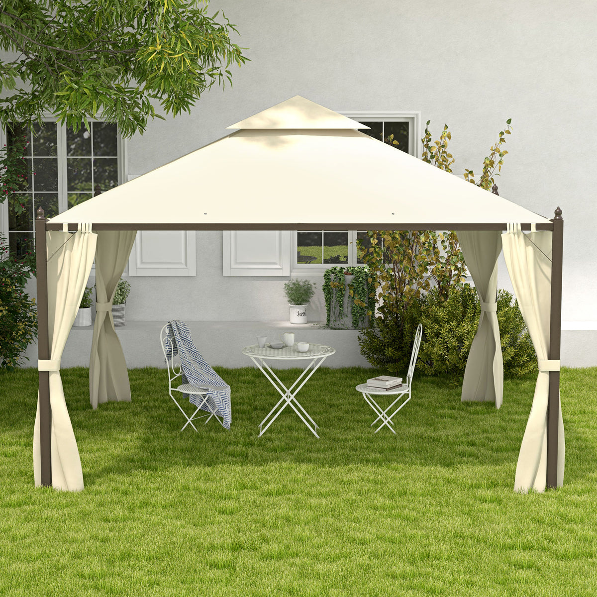 10' x 12' Outdoor Patio Gazebo with Curtains, Two-Tier Roof, Beige