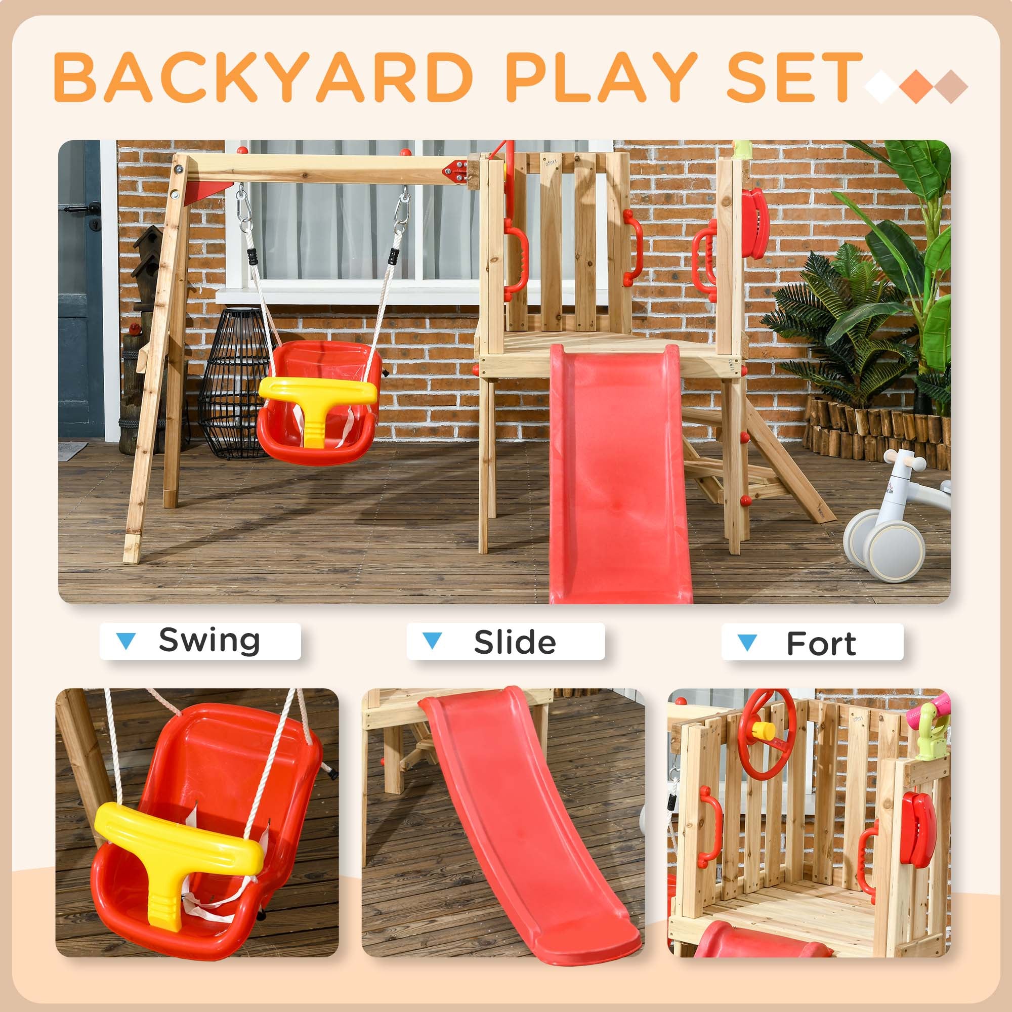 4-in-1 Wooden Swing Set with Swing, Slide, Horn, Steering Wheel, Red