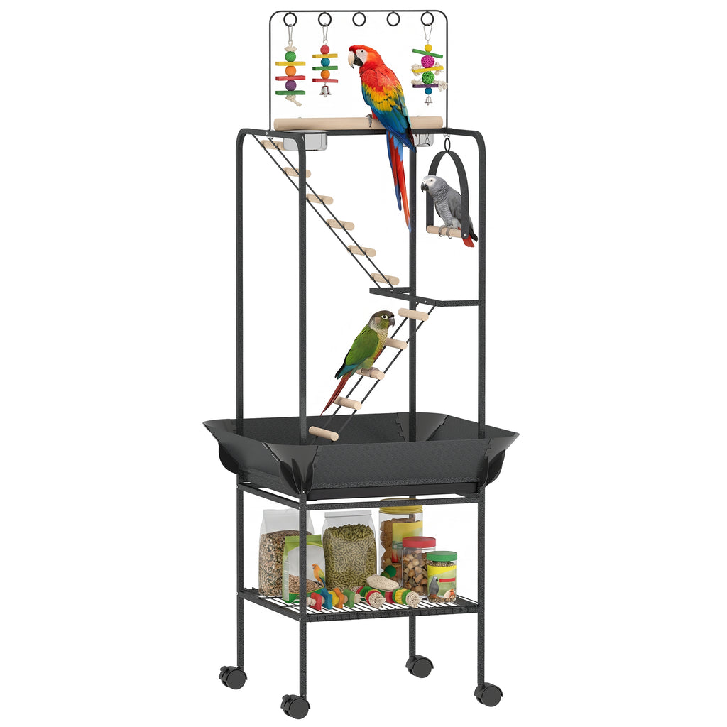 64"H Rolling Bird Playground Parrot Stand with Seed Guard & Wheels, Ladders, Swing, Toy Hook & Bowls