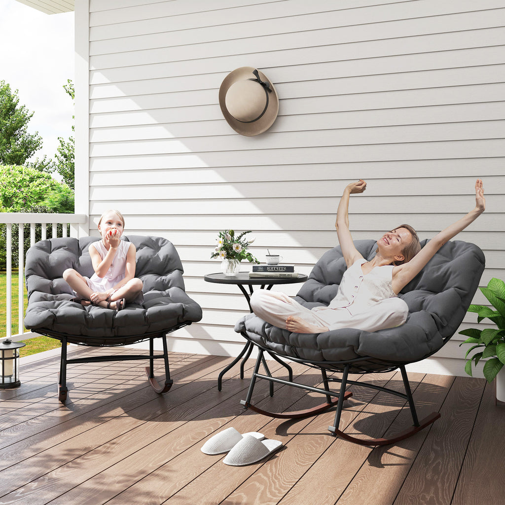 Outdoor Rocking Chair Patio Set of 2, Oversized Rocking Papasan Chairs with Cushions for Garden Porch, 265 lbs., Gray