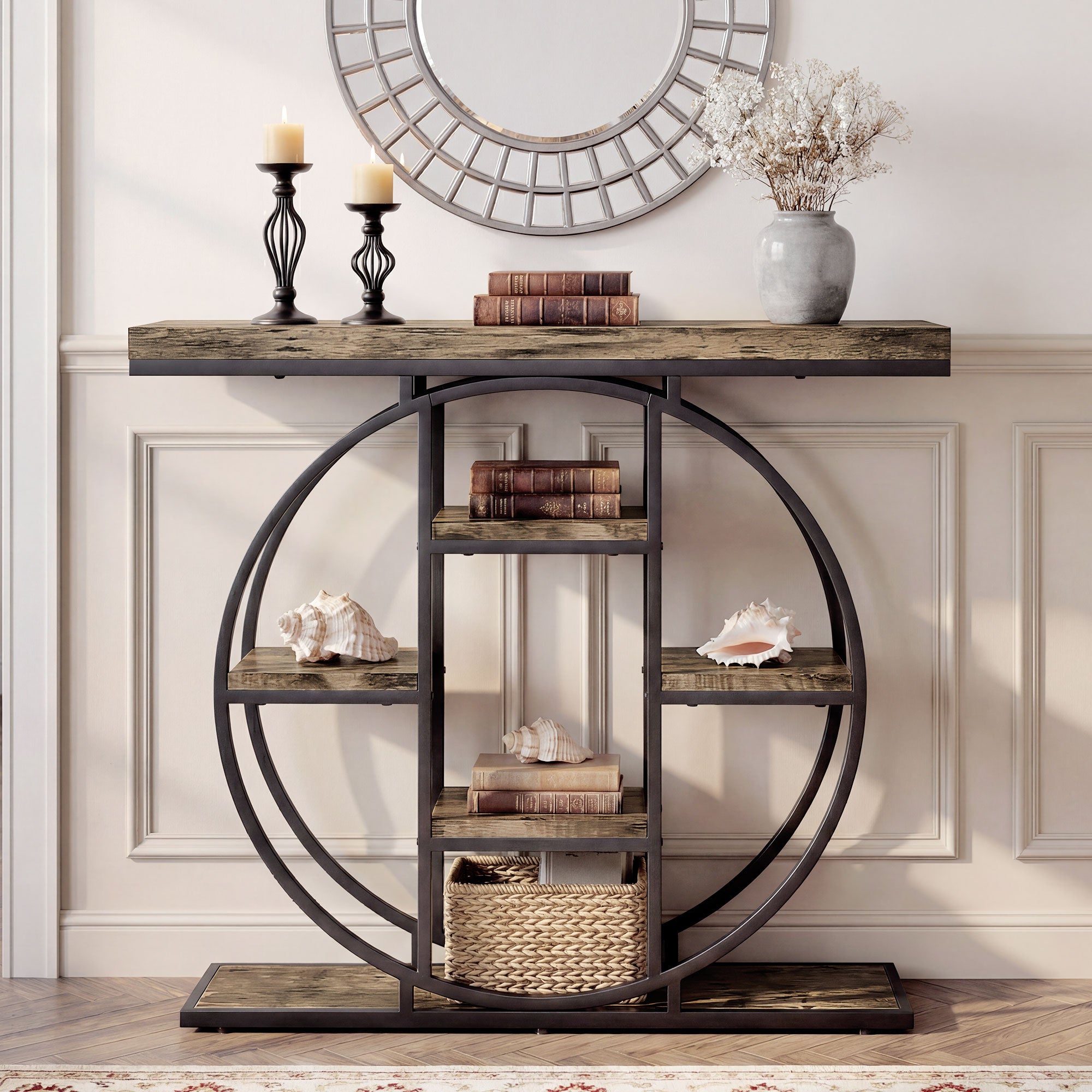 39.4" Console Table with Storage Shelves, Industrial Sofa Table for Living Room, Hallway, Rustic Oak