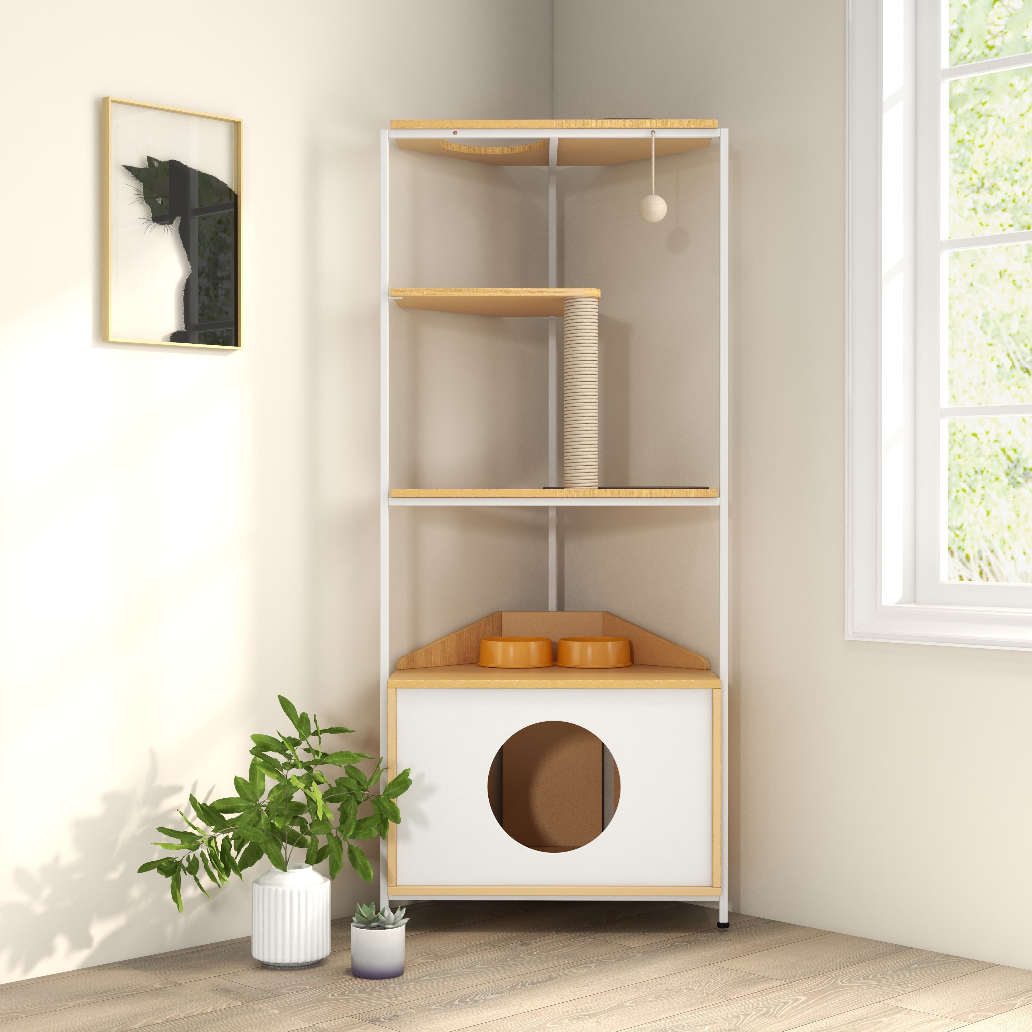 Corner Multi-Level Cat Tower and Condo with Scratching Post, Feeding Station, 25" L x 16" W x 58.5" H, White+Light Oak