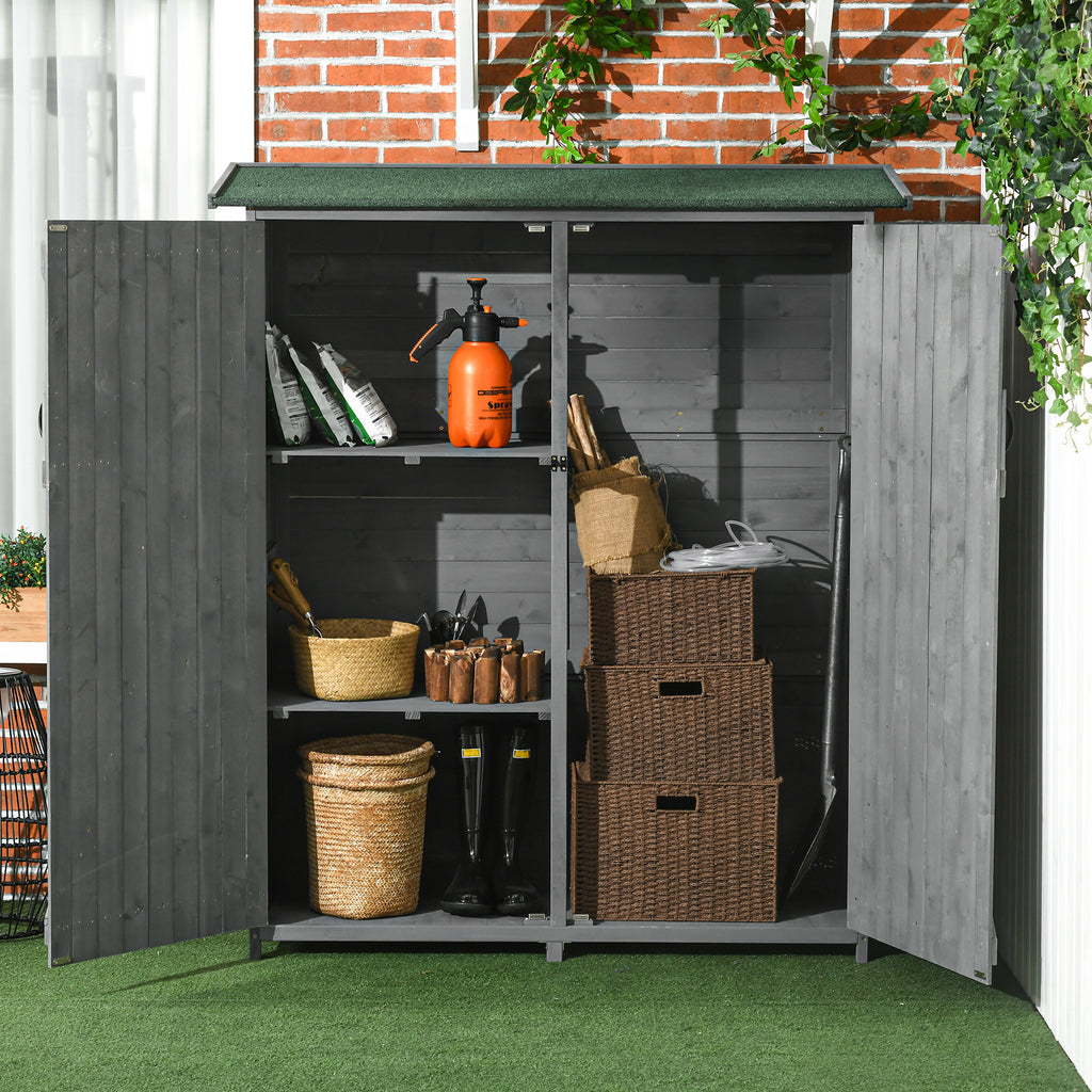 Outdoor Storage Cabinet Wooden Garden Shed Utility Tool Organizer with Waterproof Asphalt Rood, Lockable Doors, 3 Tier Shelves for Lawn, Backyard, Gray