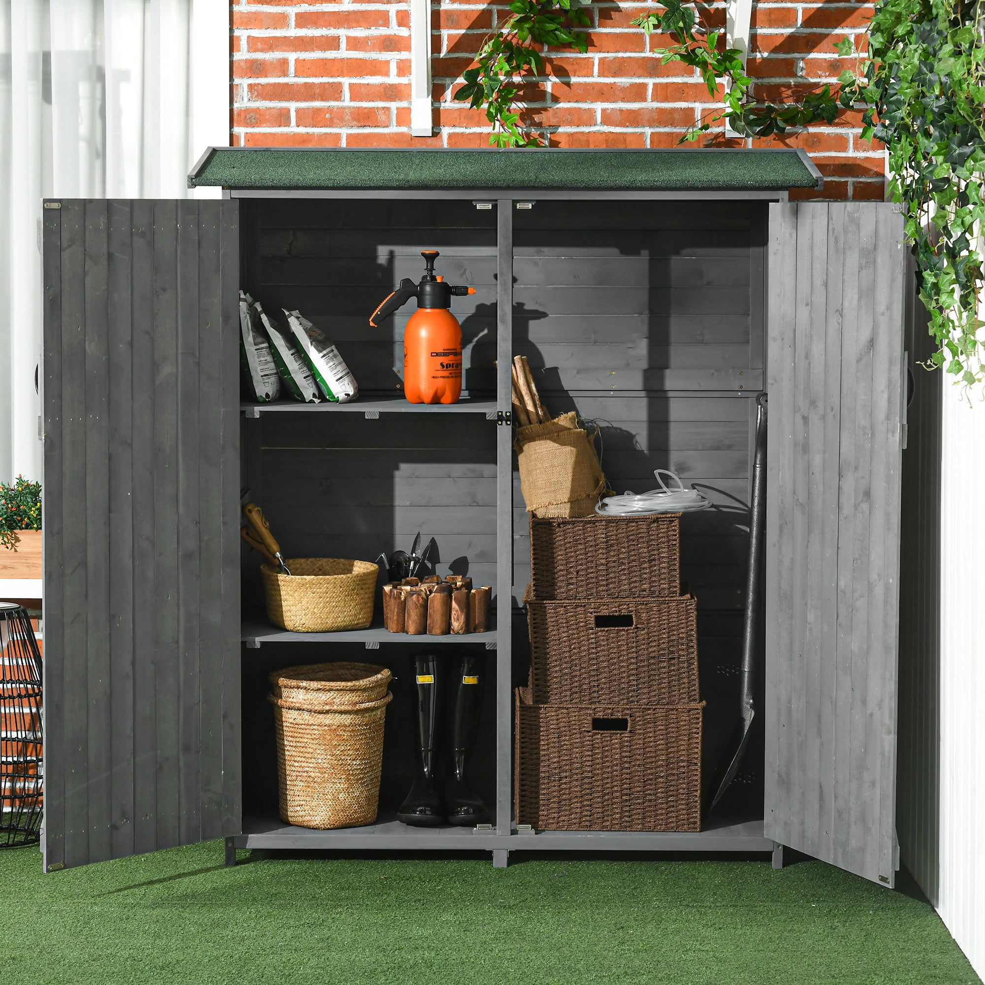 Outdoor Storage Cabinet Wooden Garden Shed Utility Tool Organizer with Waterproof Asphalt Rood, Lockable Doors, 3 Tier Shelves for Lawn, Backyard, Gray