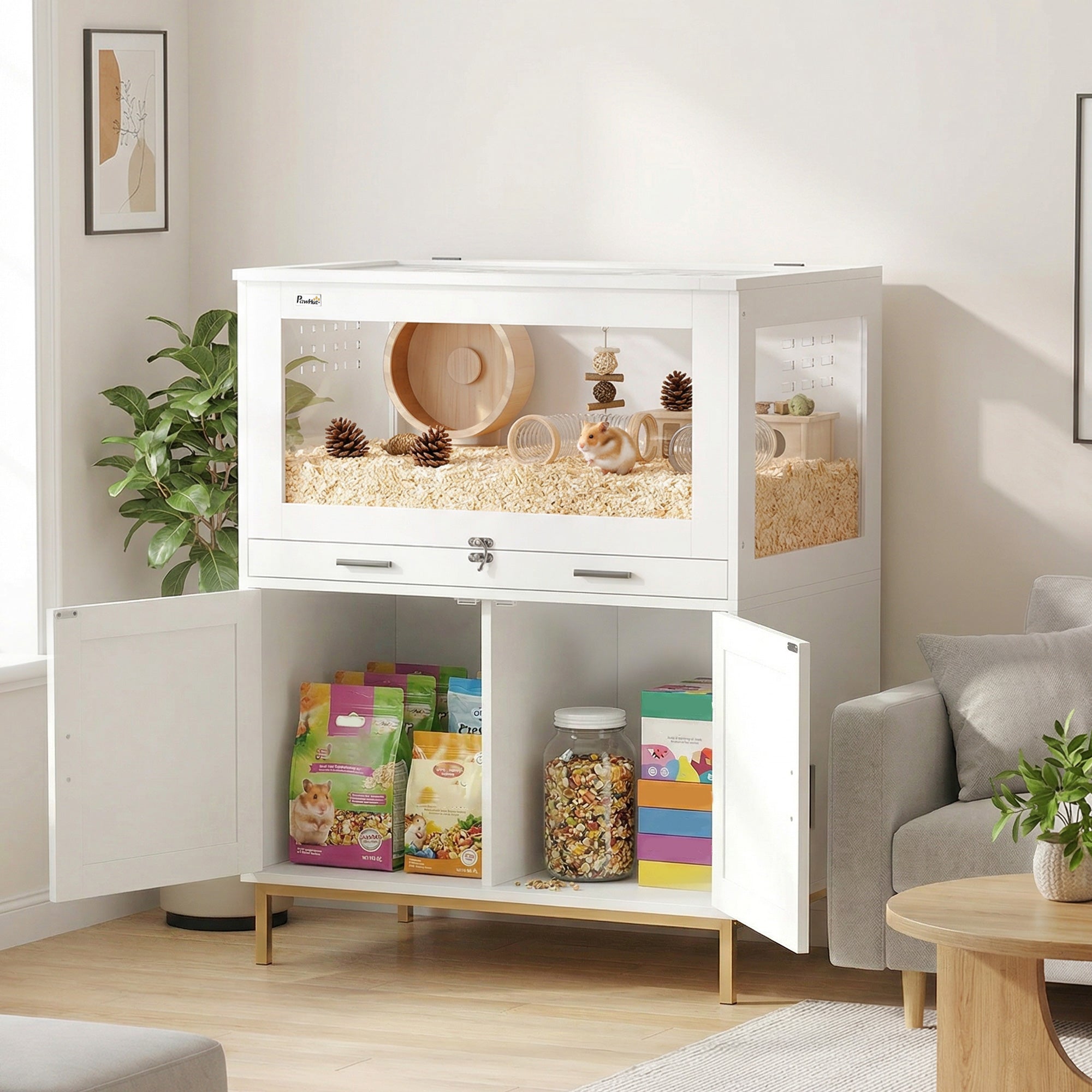 Hamster Cage with Storage Cabinet, Small Animal Cage with Pull Out Drawer and Acrylic Panels, 30" x 19.5" x 36"