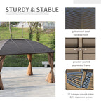 10' x 13' Hardtop Gazebo with Curtains, Netting, Pavilion with Steel Roof Ceiling Hook for Garden Patio, Brown