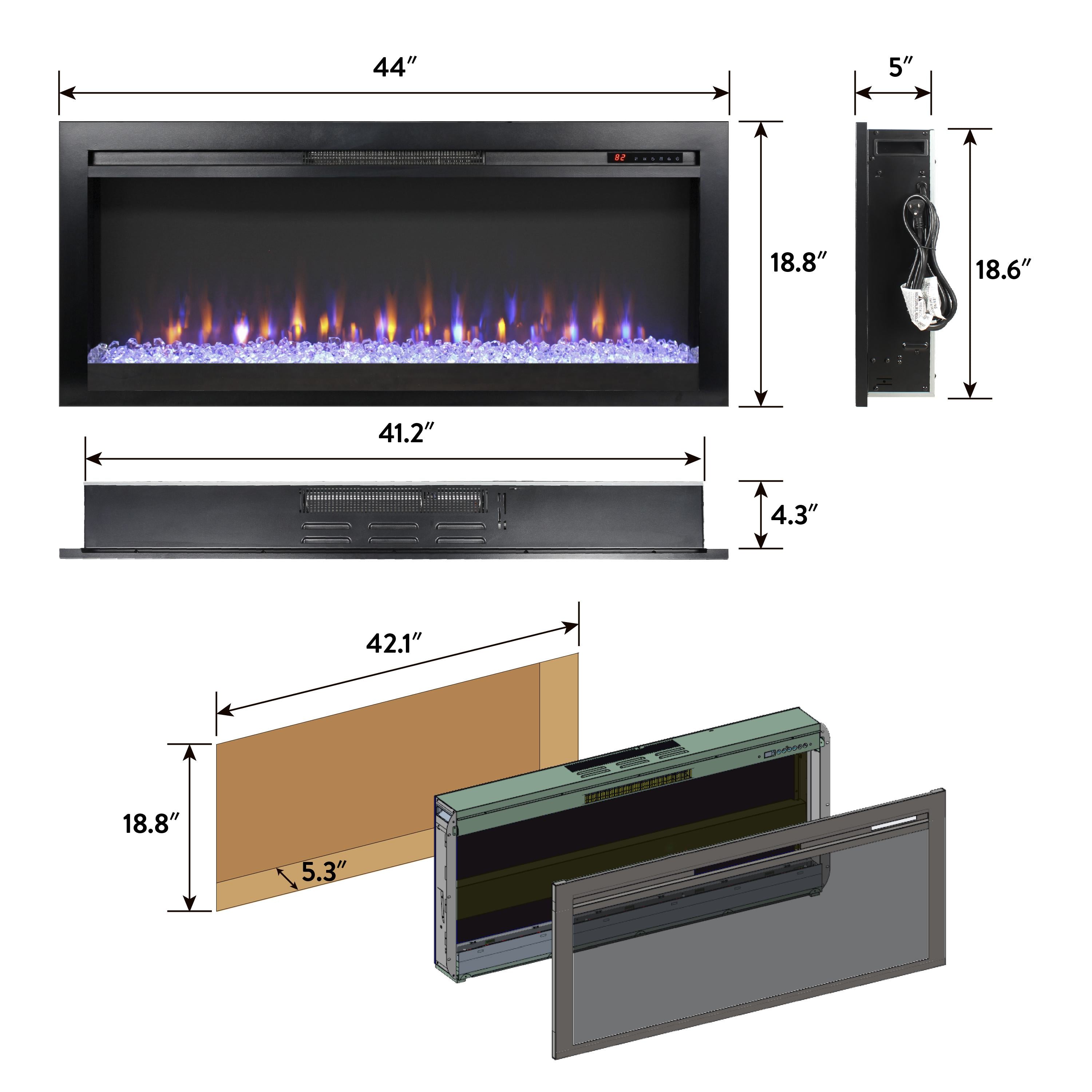 44" Remote In-Wall/Recessed Electric Fireplace with Multi-Color Flame, Ember Bed, and LED Light Heater, CSA/UL Certified, Antique Black