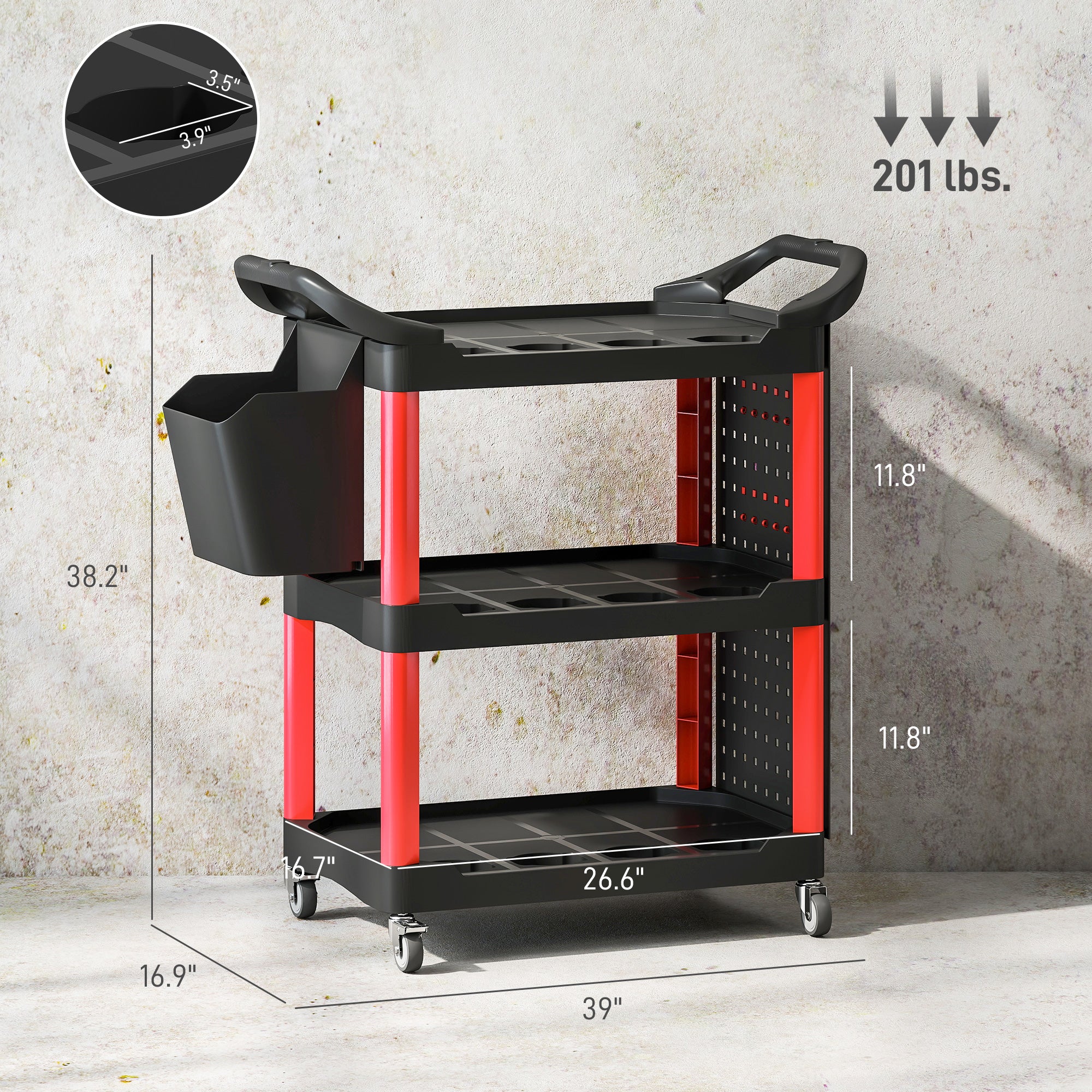 3-Tier Rolling Tool Cart, 200 LBS Capacity Plastic Utility Cart with Side Shelf and Storage Bucket, Black & Red