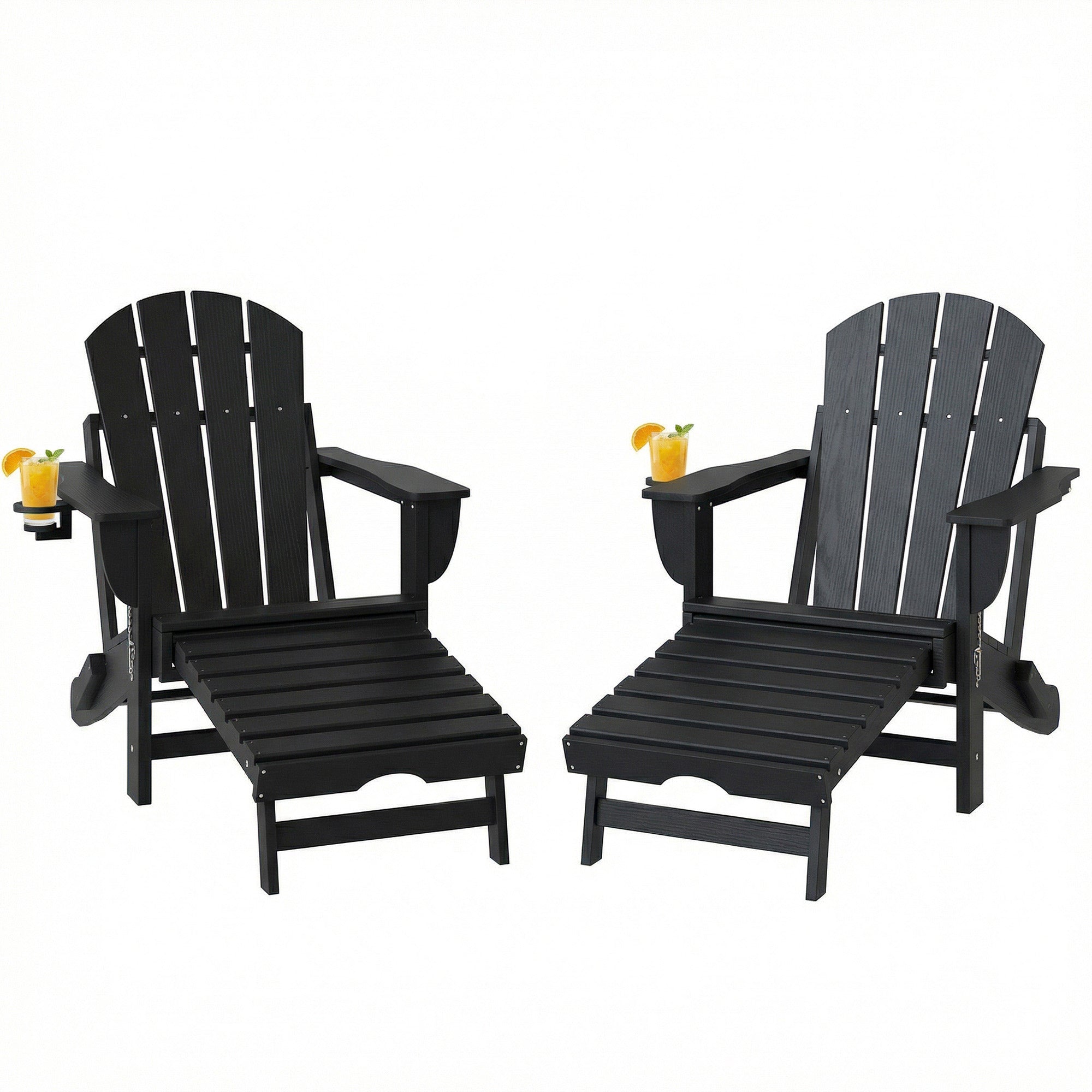 Folding Adirondack Chair Set of 2, HDPE Fire Pit Chair with Retractable Ottoman and Cup Holder, Black