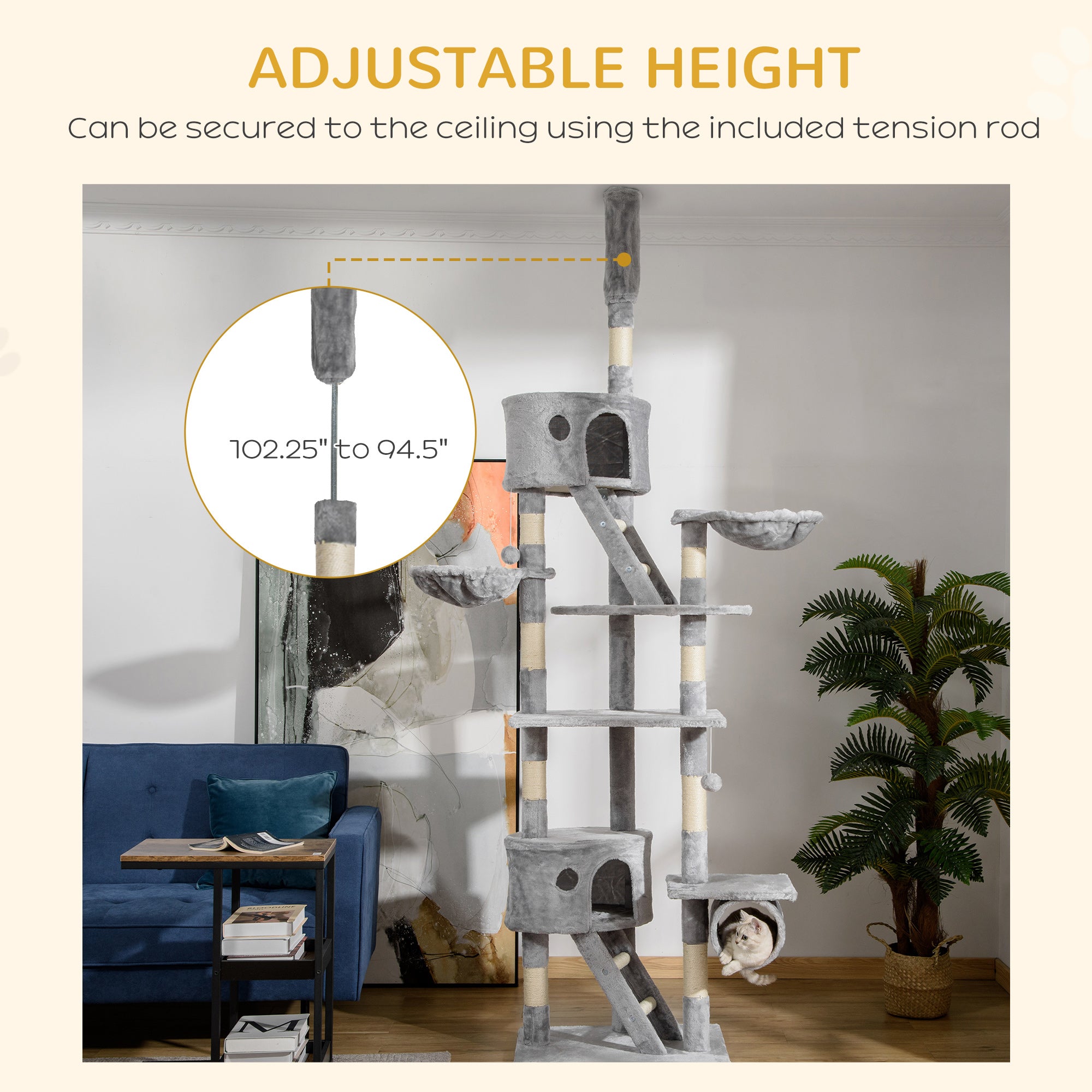 Floor to Ceiling Cat Tree, 94.5-102.5 inch Height Adjustable Cat Climbing Tower with Scratching Posts, Condos, Hammocks