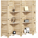 6 Panel 67" Tall Wood Privacy Screen Room Divider with 3 Shelves and Folding Storage for Bedroom, Natural Wood