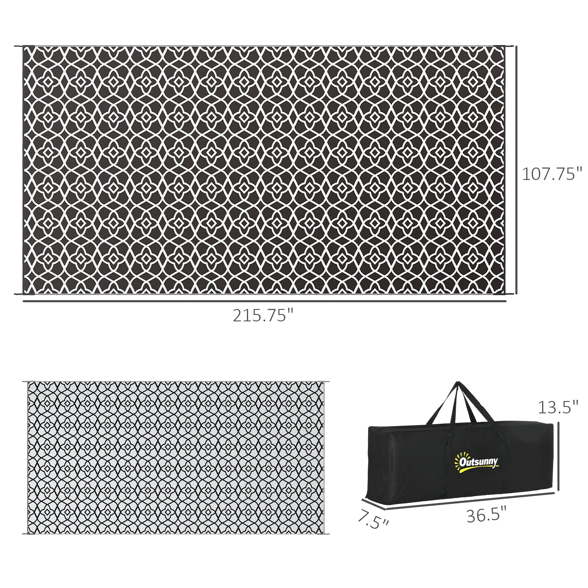 Reversible Outdoor Rug Carpet RV Camping Rugs with Carry Bag, 9' x 18', Black & White Clover