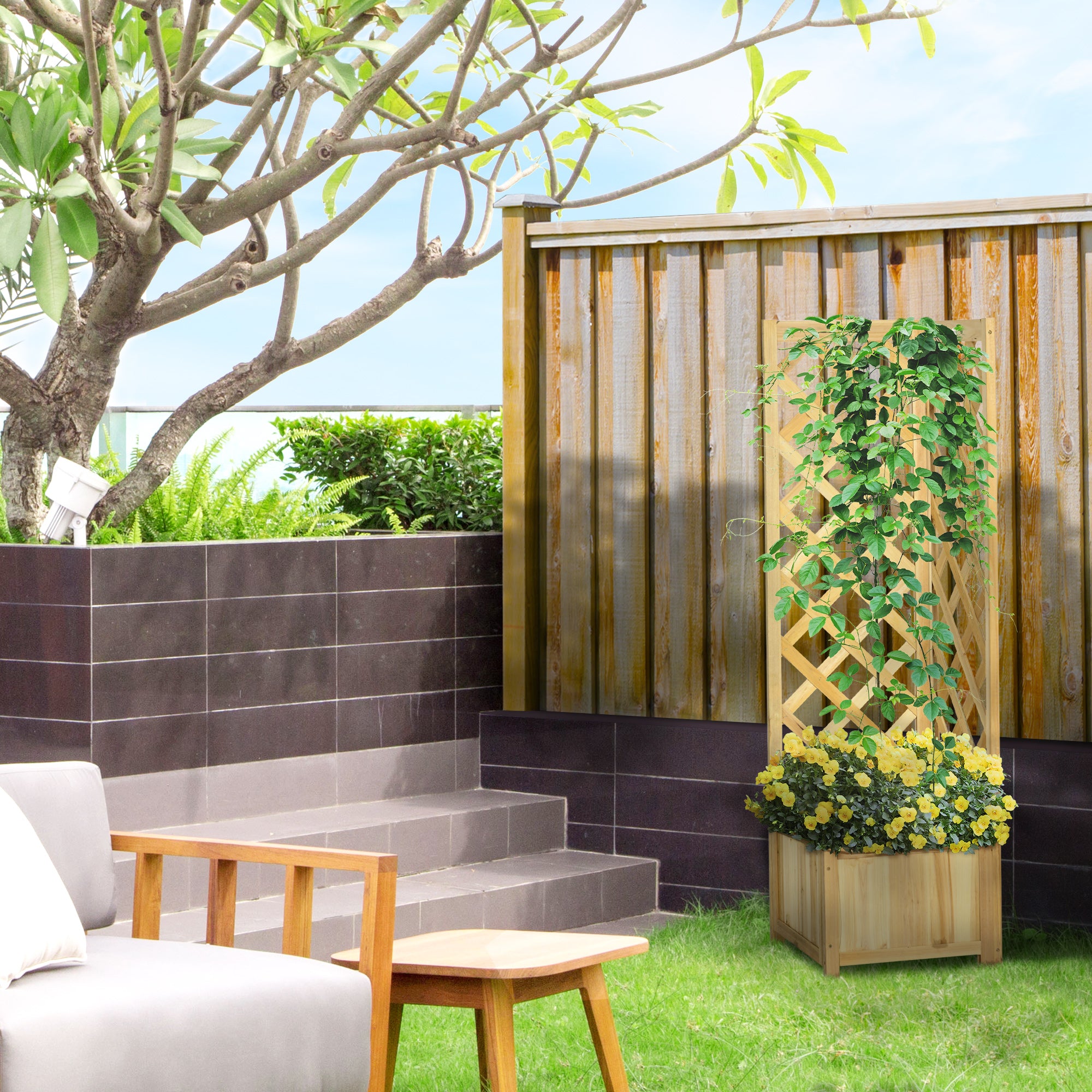 Wooden Raised Garden Bed, Planter with Trellis for Vine Climbing and Vegetables, Herbs and Flowers Growing, Natural