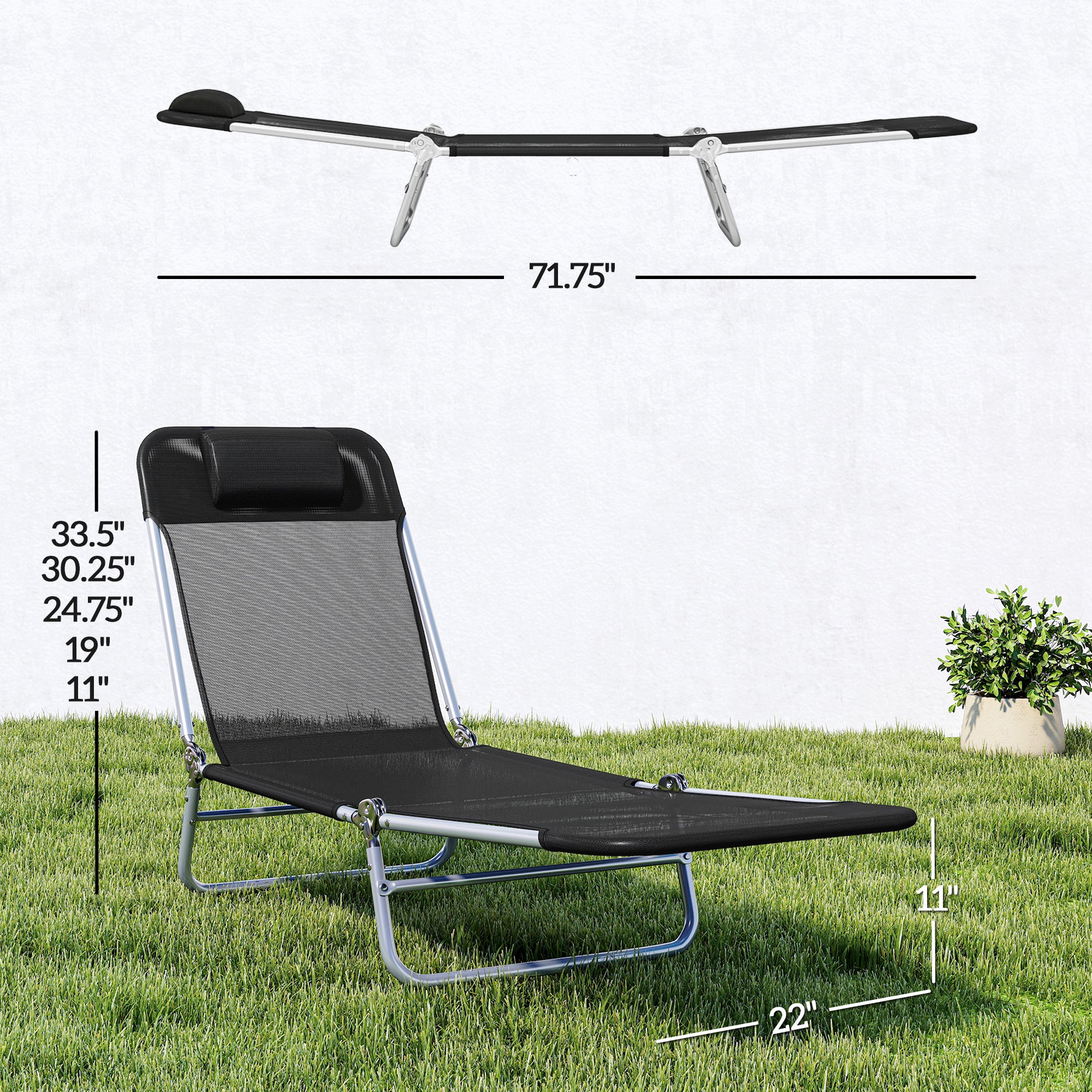 Folding Chaise Lounge Chair, Portable Tanning Chair with Adjustable Backrest, Pillow for Beach Poolside Patio, Black