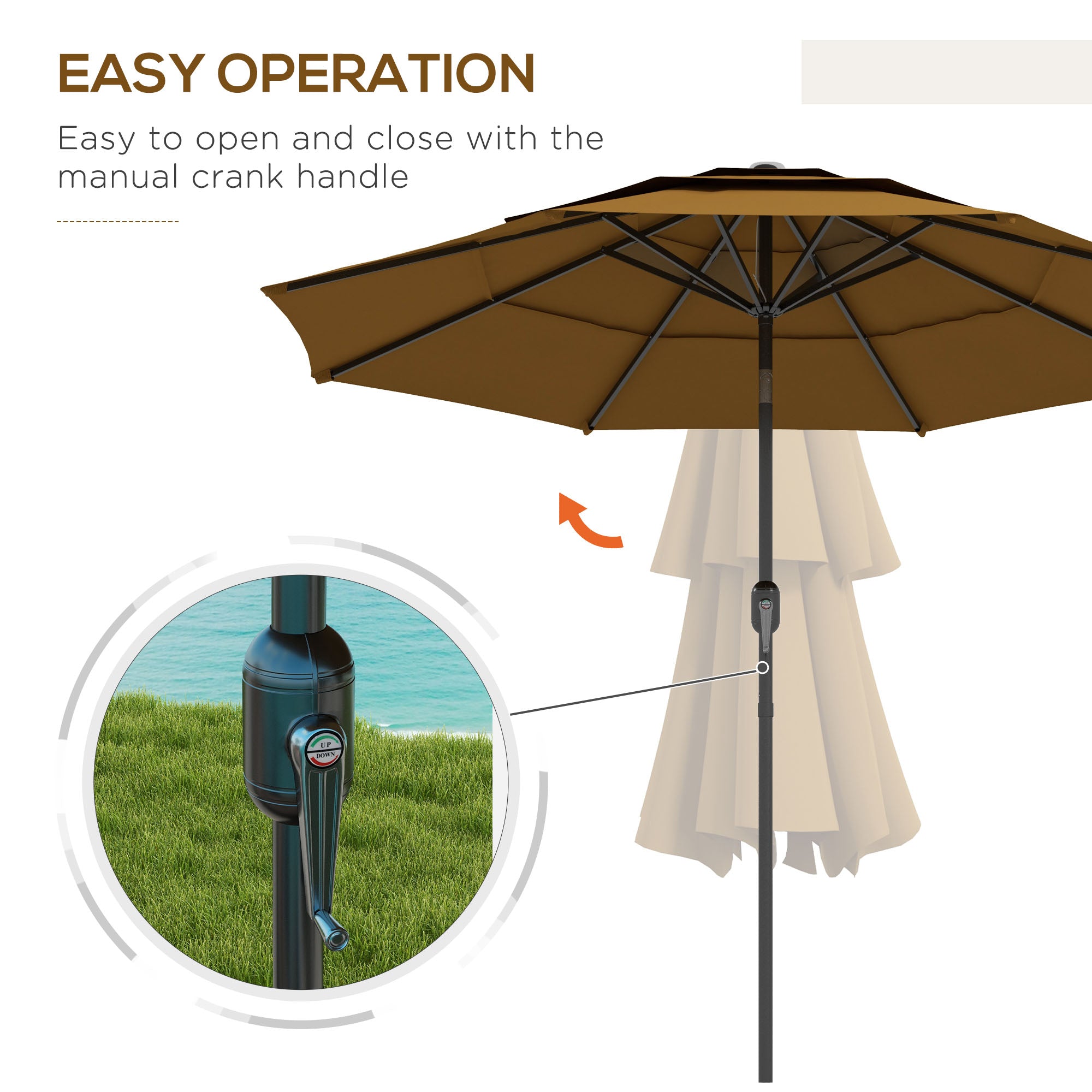 9FT 3 Tiers Outdoor Patio Umbrella with Crank, Push Button Tilt for Deck, Backyard and Lawn, Tan