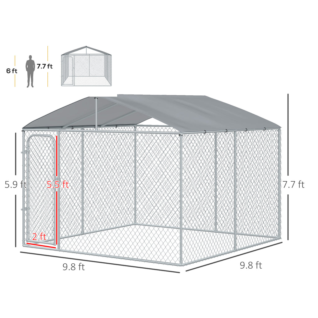 Outdoor Dog Kennel Galvanized Steel Fence with Cover Secure Lock Mesh Sidewalls for Backyard 9.8' x 9.8' x 7.7'