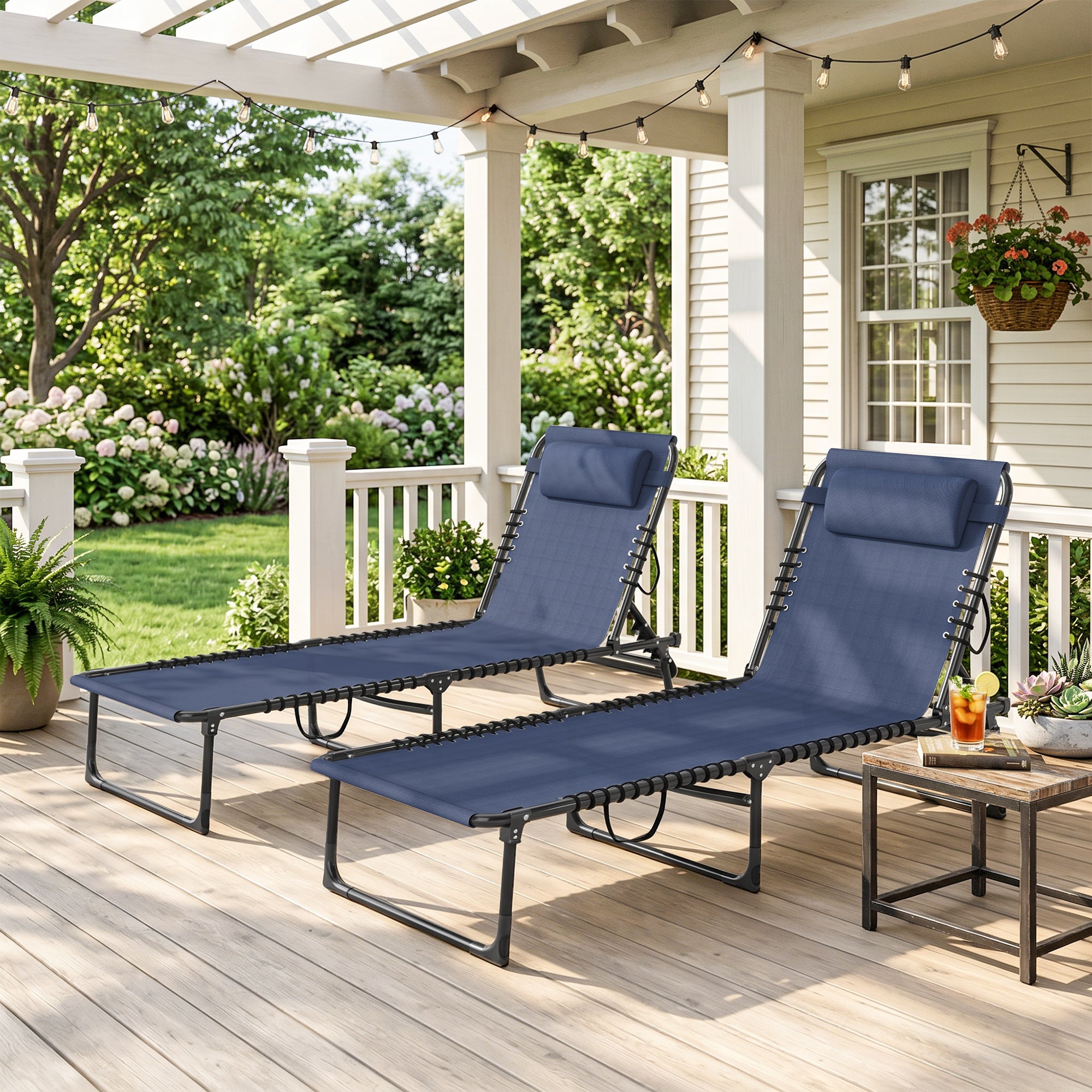 2 Folding Chaise Lounge Pool Chairs with 4-Position Reclining Back, Pillow, Breathable Mesh & Bungee Seat, Dark Blue