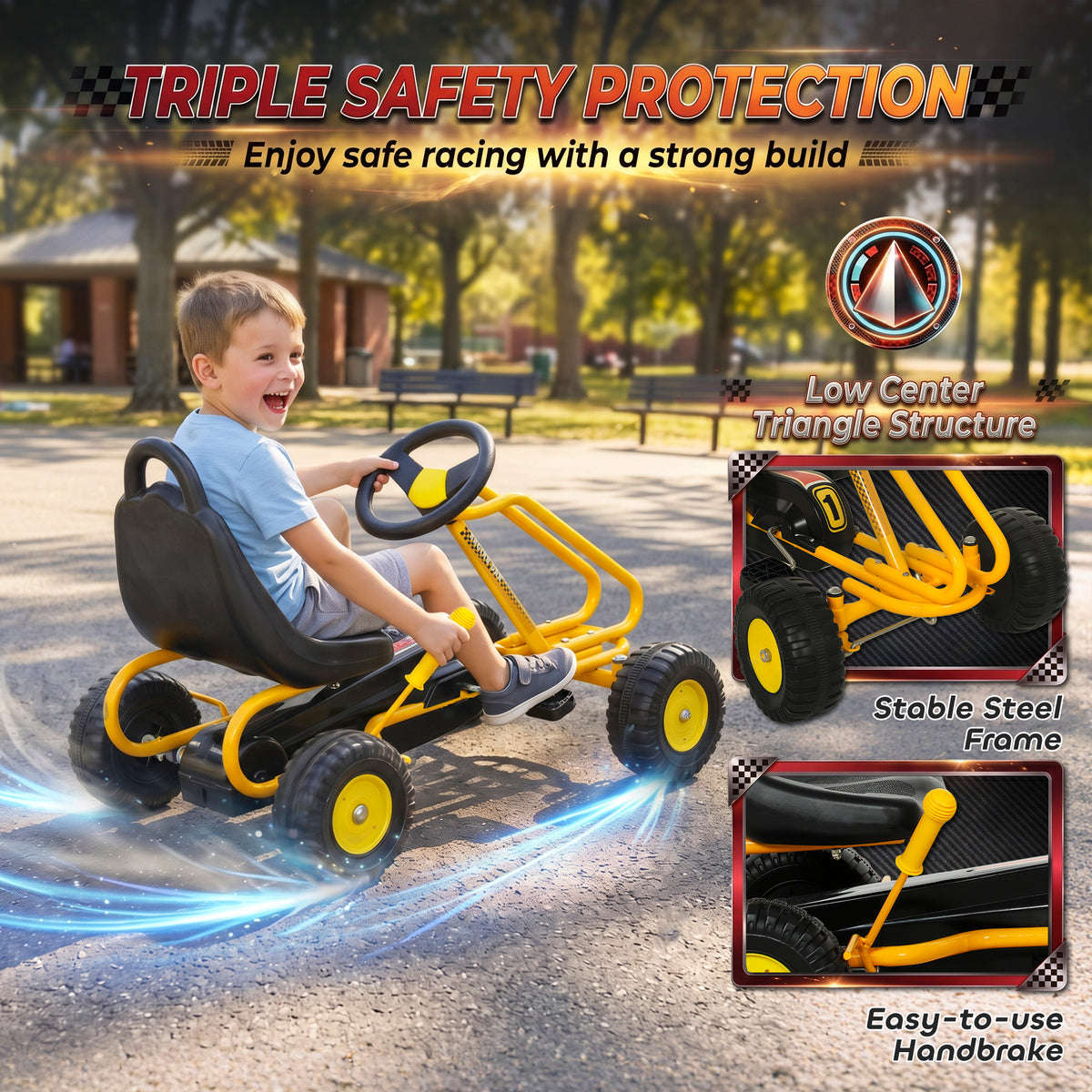 Go Kart for Kids, 4 Wheel Pedal Go Cart with Adjustable Seat, Safety Hand Brake for Boys Girls 3-6 Years, Yellow