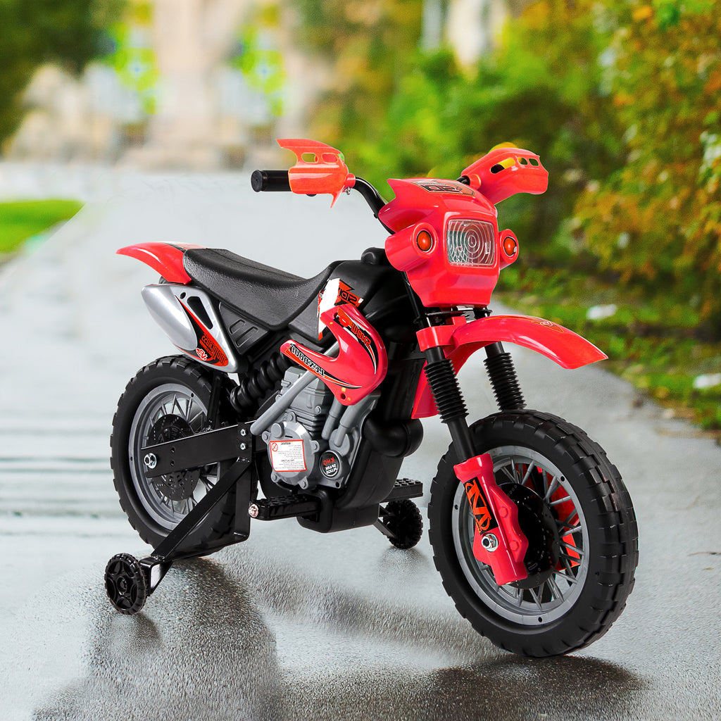 6V Kids Motorcycle, Electric Motorcycle with Dirt Bike Style, Street Bike Design Battery Powered Ride On Toy with Training Wheels, Headlight, Music, Ages 5-8, Red