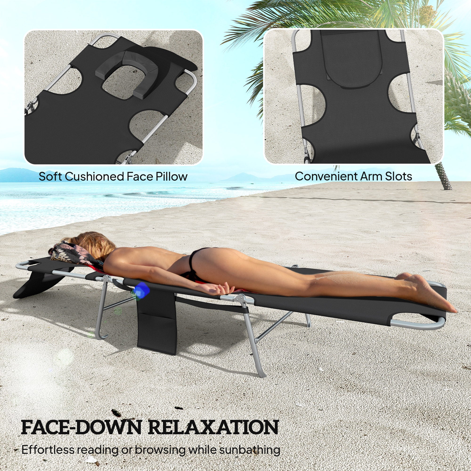 2 Tanning Chairs with Face Hole, 5-Level Adjustable Outdoor Chaise Lounge Chair with Pillow for Beach, Pool, Black