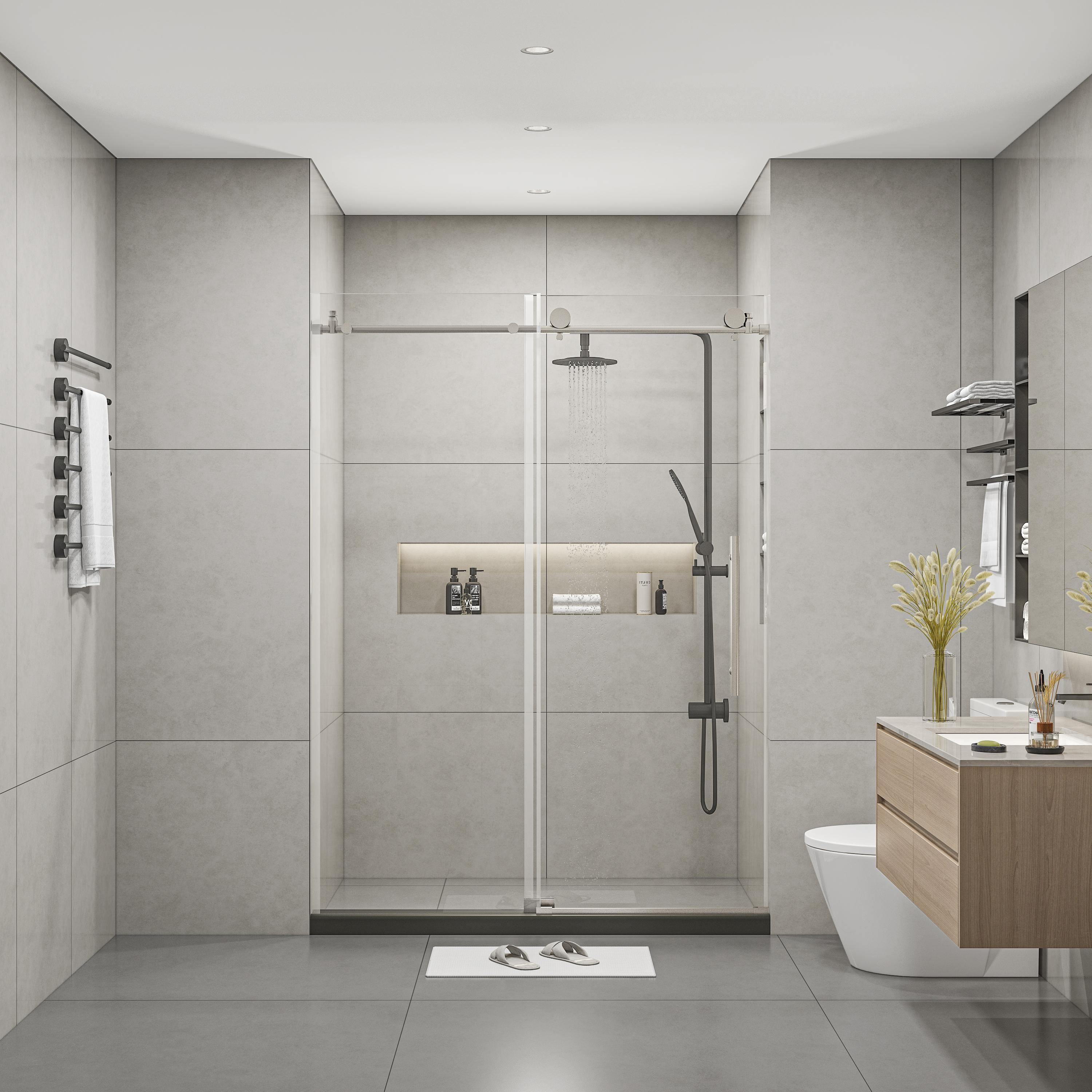 Frameless Shower Door with Stainless Steel Hardware, Support Bar, Bathroom Door with Waterproof Seals, 60" L x 0.5" W x 76" H, Brushed Nickel