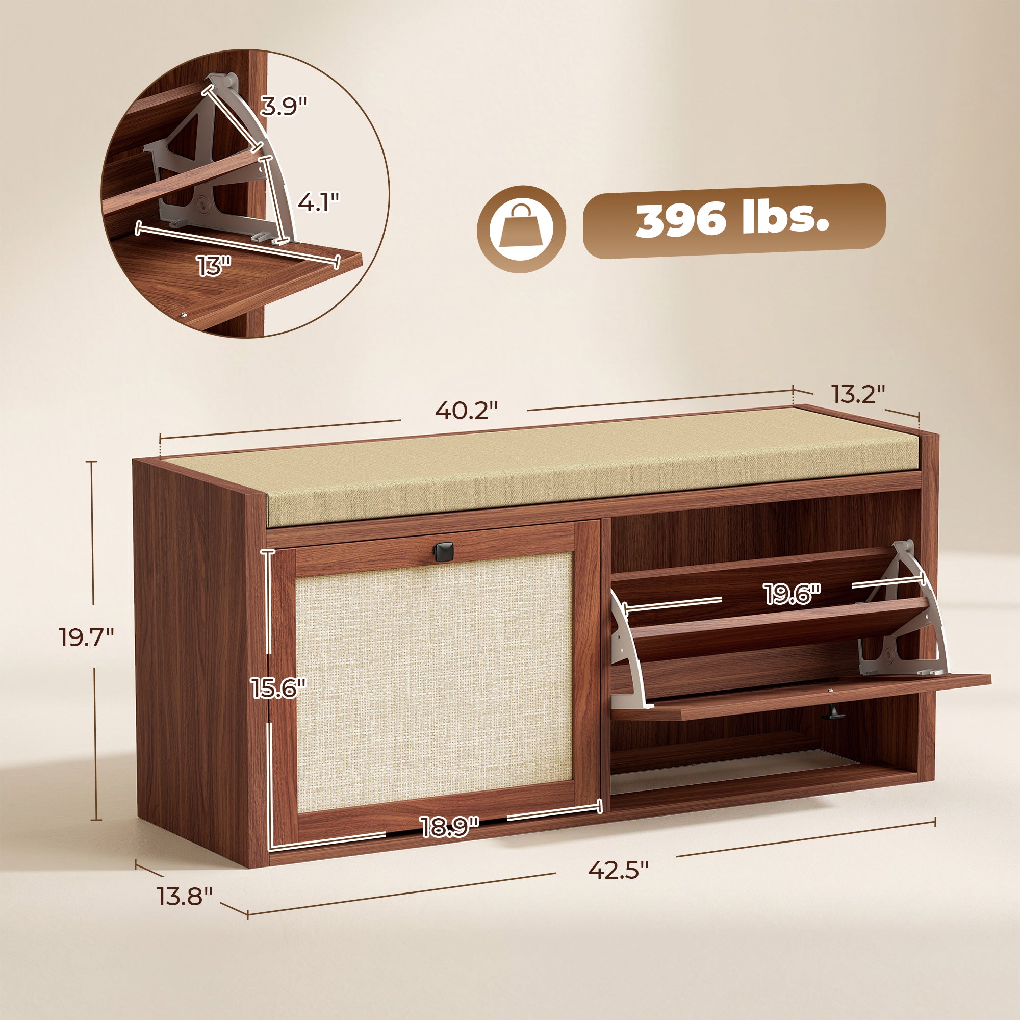 Shoe Storage Bench with Padded Seat, Shoe Storage Bench 2 Rattan Doors for Entryway, Brown