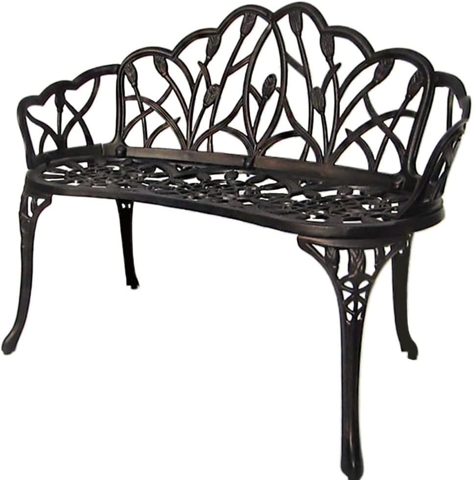 Patio Garden Bench with Floral Tulip Design, Ergonomic Backrest, Elegant Outdoor Park Bench for Lawn, Yard, 39" L x 21.5" W x 31" H, Black