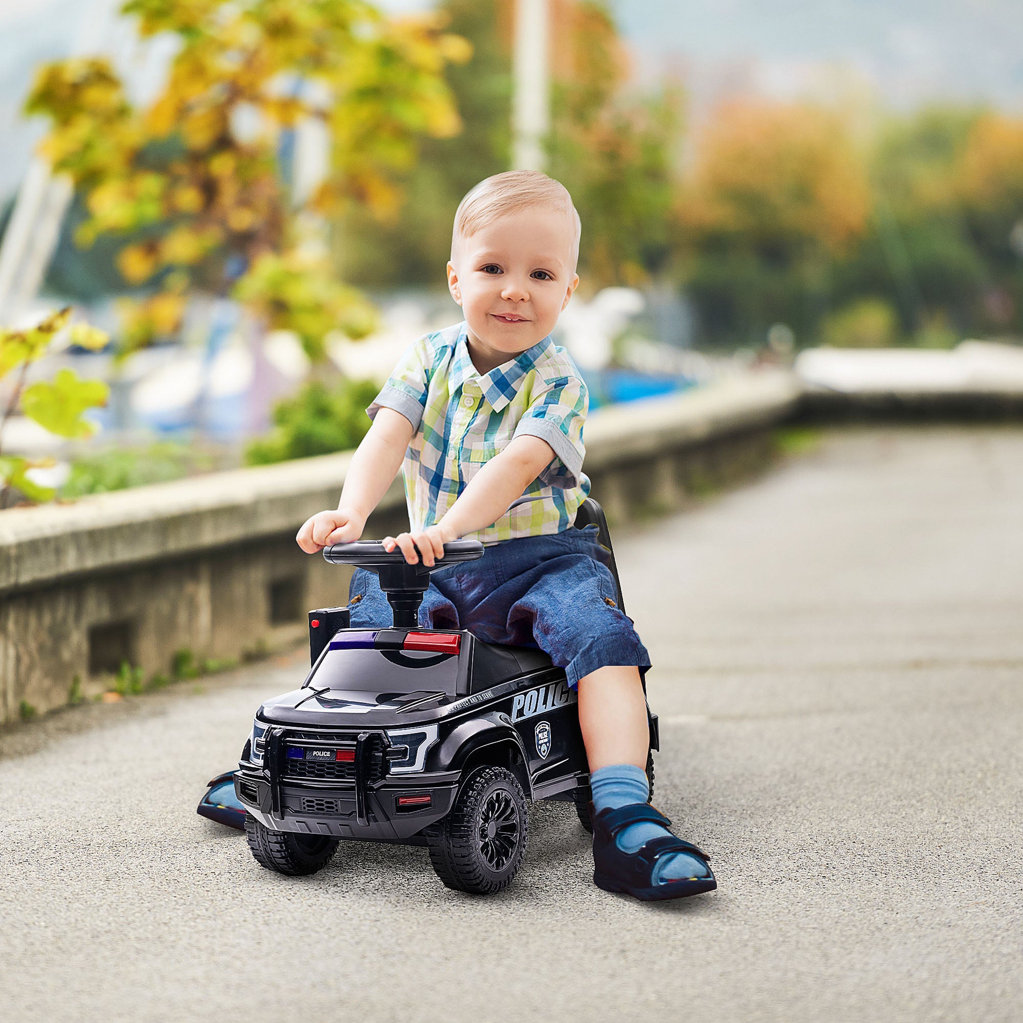 Kids Push Ride On Car with Working PA System and Horn, Police Truck Style Foot-to-Floor Sliding Car for Boys and Girls with Under-Seat Storage, for 18 Months to 5 Years Old, Black