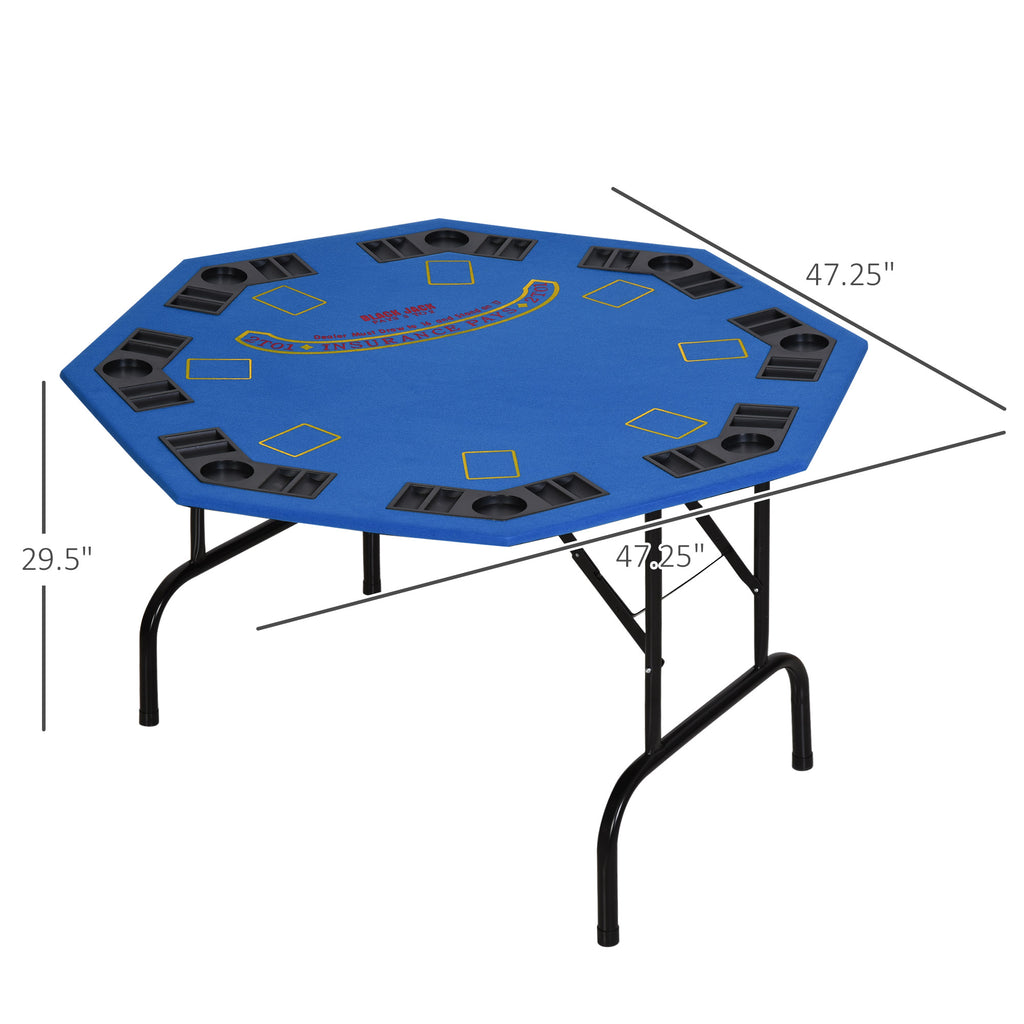 Poker Table Foldable, 47" Octagon Blackjack Poker Game Table for 8 Players with Cup Holders and Chips Tray, Blue Felt
