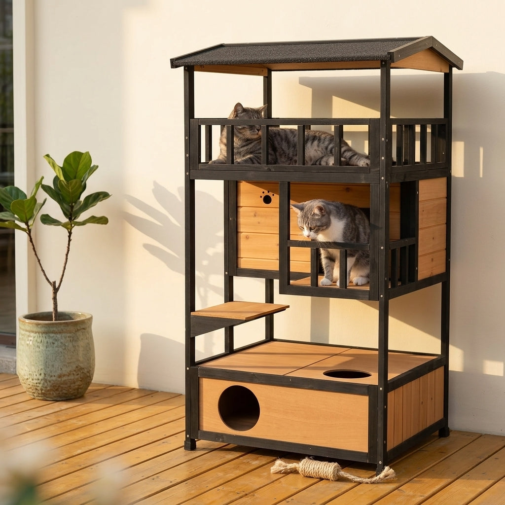 Wooden Outdoor Cat House, Feral Cat Shelter Kitten Condo with Asphalt Roof, Escape Doors, Condo, Jumping Platform, Yellow