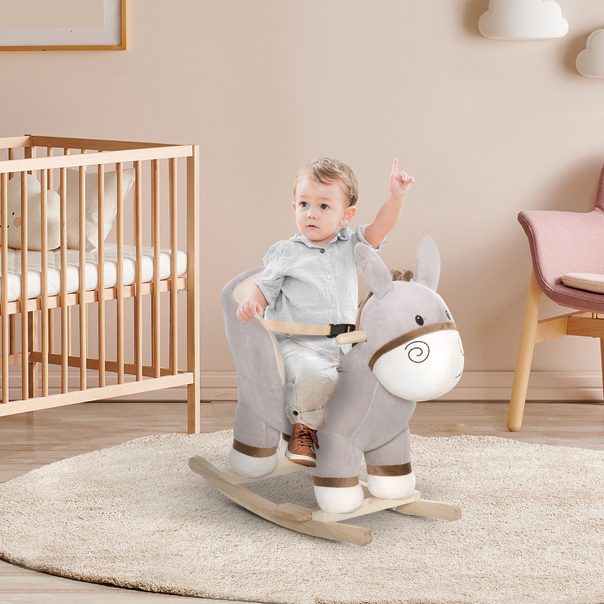 Kids Rocking Chair, Plush Ride On Rocking Horse Donkey with Sound, Wood Base Seat, Safety Belt, Baby Toddler Rocker Toy for 18 - 36 Months, Gray
