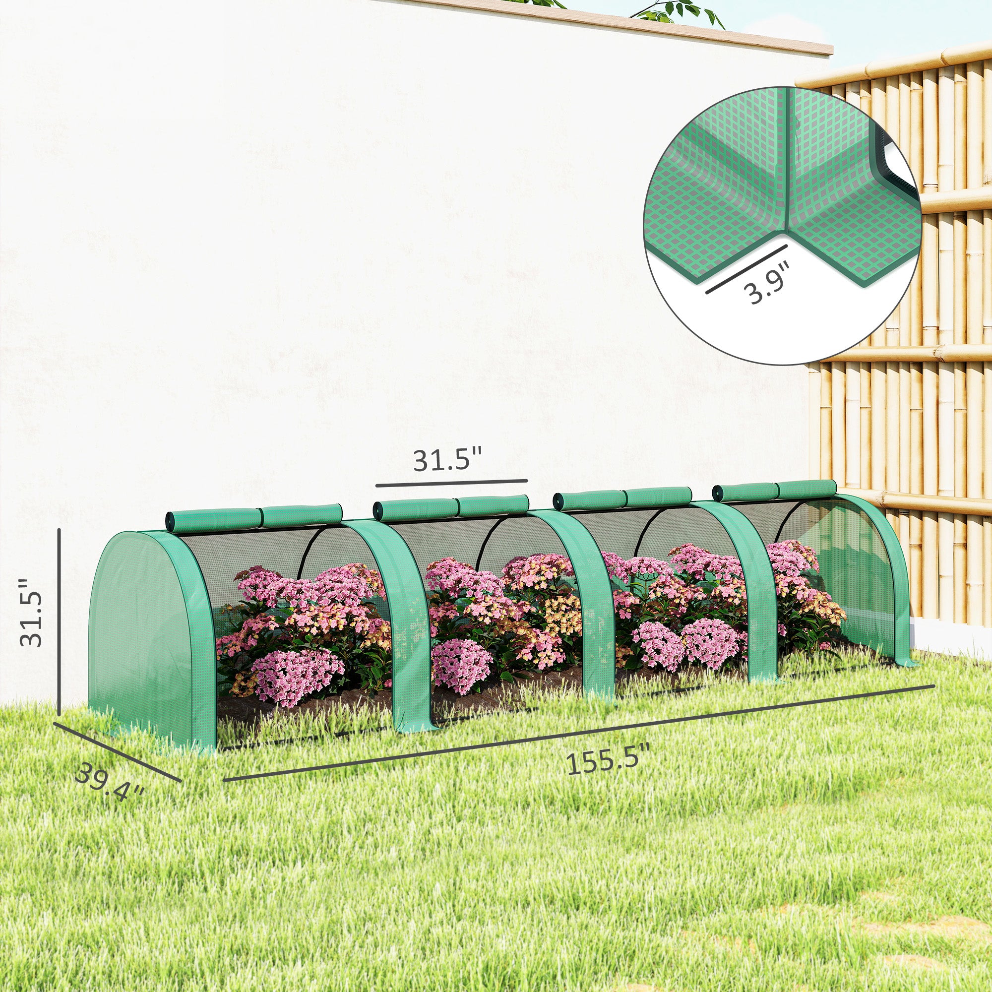 13' L x 3' W x 2.5' H Portable Tunneled Greenhouse with 4 Zippered Doors, Water/UV Fighting PE Cover, Green
