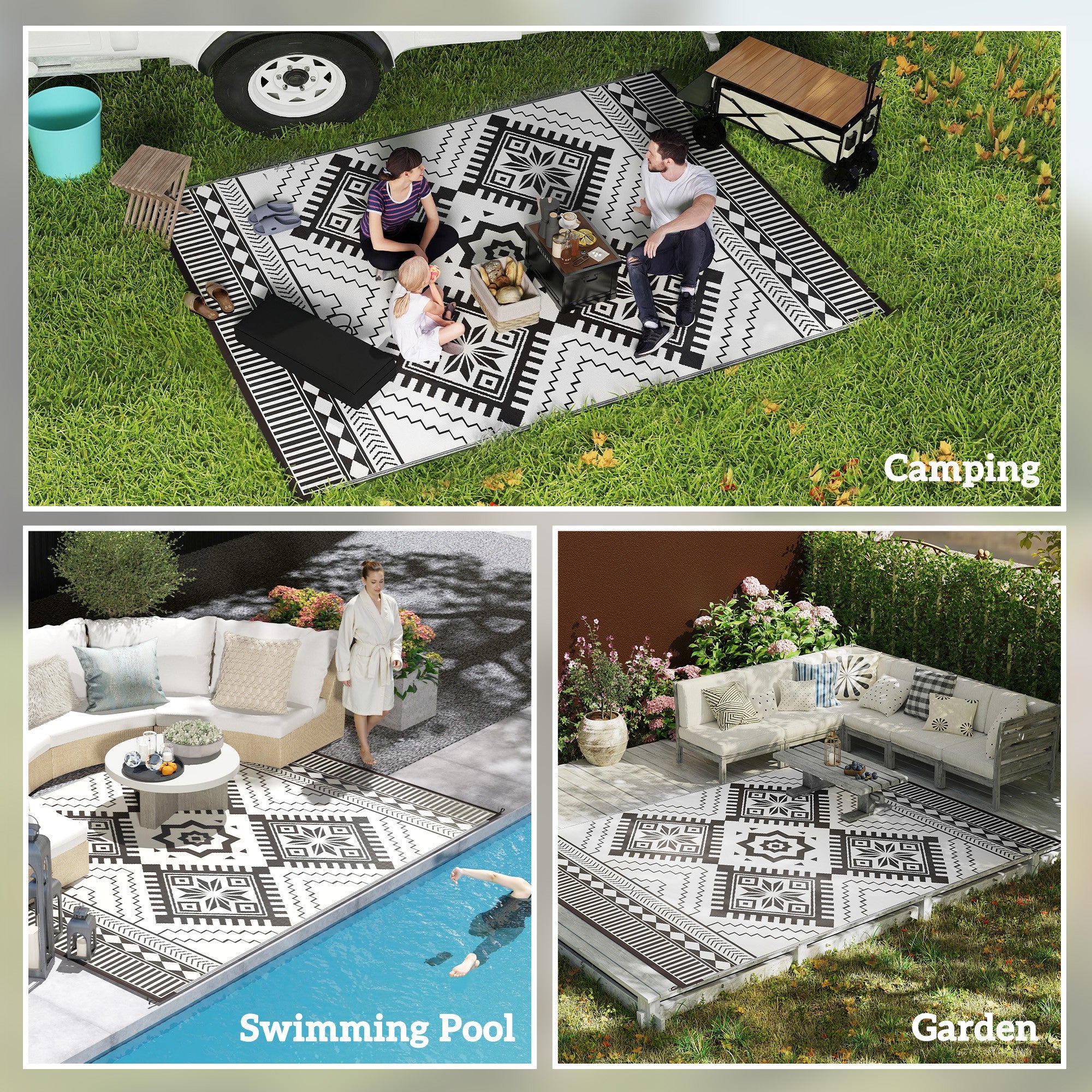 Reversible Outdoor Rug, Waterproof Plastic Straw with Carry Bag, 9' x 12', White & Black Toothed Rhombus