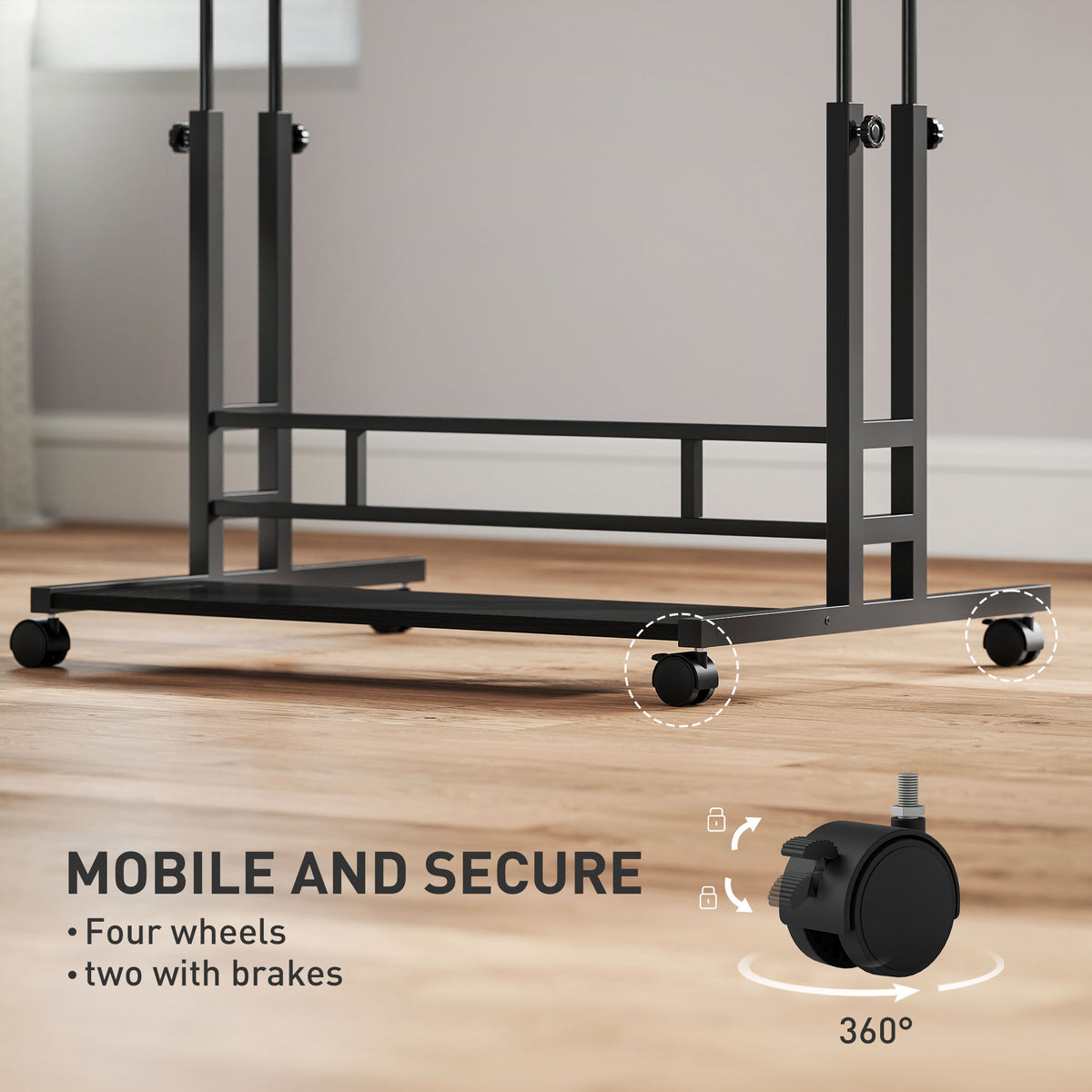 Adjustable Standing Desk with Power Outlets, Stand Up Desk with Tiltable Tabletop, Wheels, Shelf, for Home Office, Black