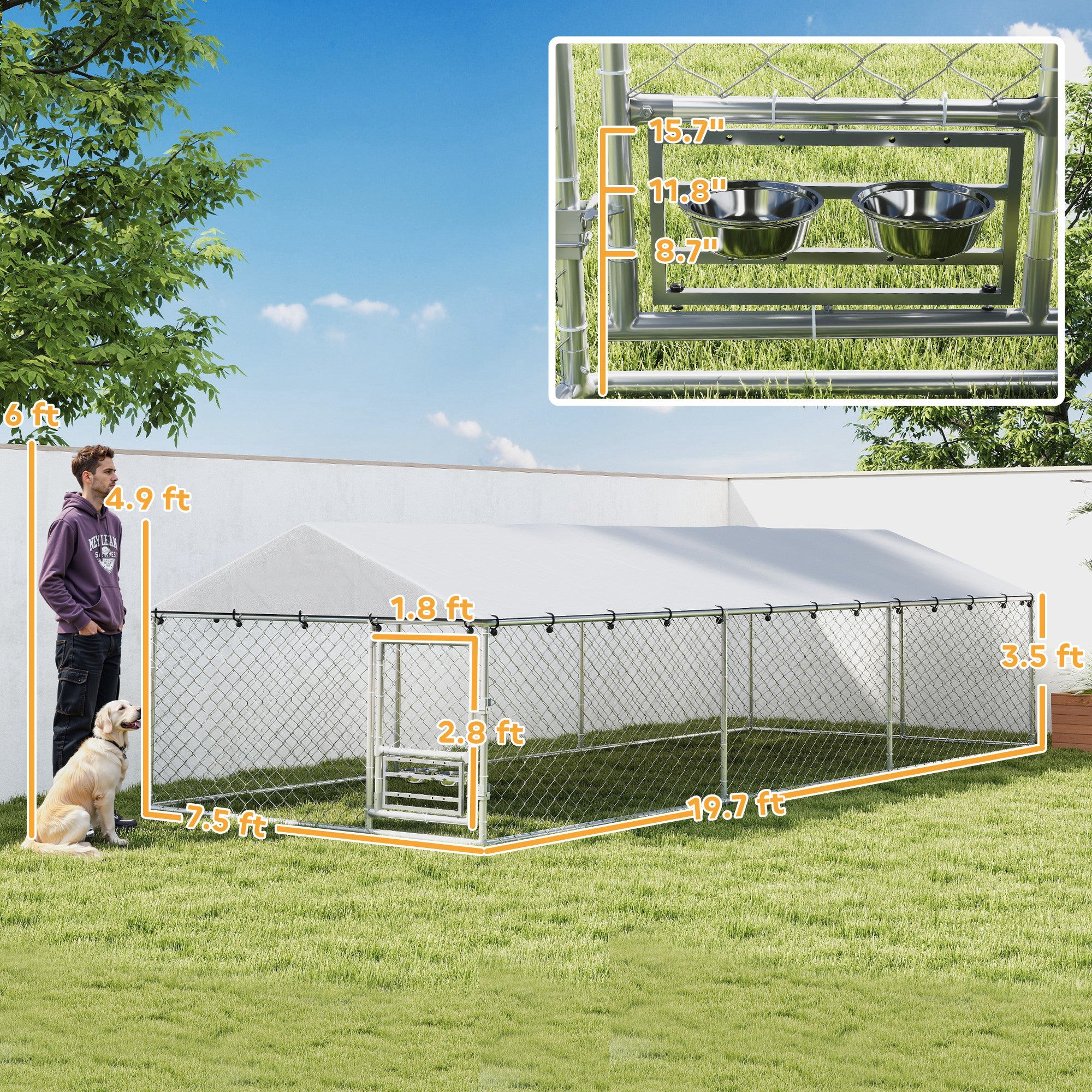Dog Kennel Outdoor Dog Run Waterproof UV-Resist Cover Lockable Door Adjustable Bowls 20 x 7.5 x 5ft