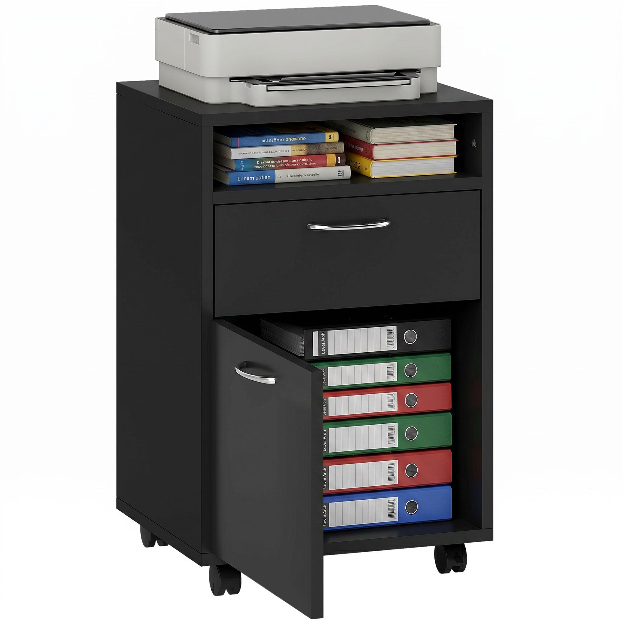 Mobile Storage Cabinet Organizer with Drawer and Cabinet, Printer Stand with Castors, Black
