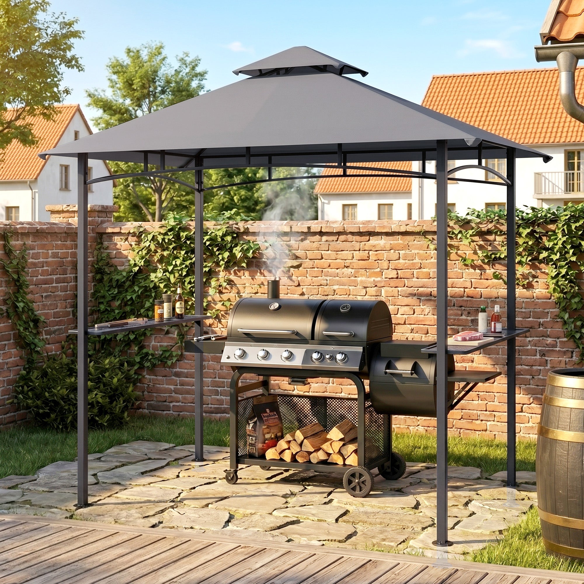 8' x 5' Grill Gazebo with Double Roof, Outdoor BBQ Canopy Gazebo with 2 Side Shelves for Patio Yard Garden Gray