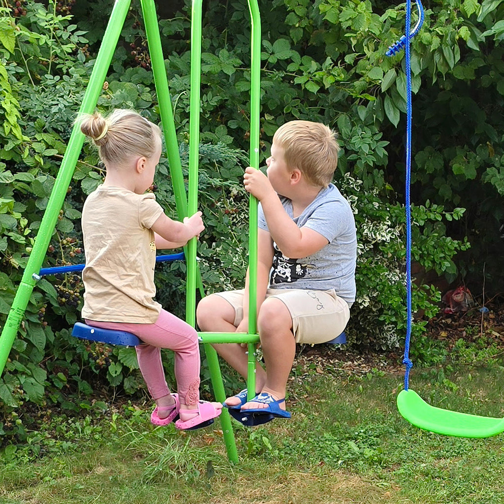 Metal Swing Set with Glider, Two Swing Seats and Adjustable Height, Outdoor Heavy Duty A-Frame Suitable for Playground, Backyard, Green