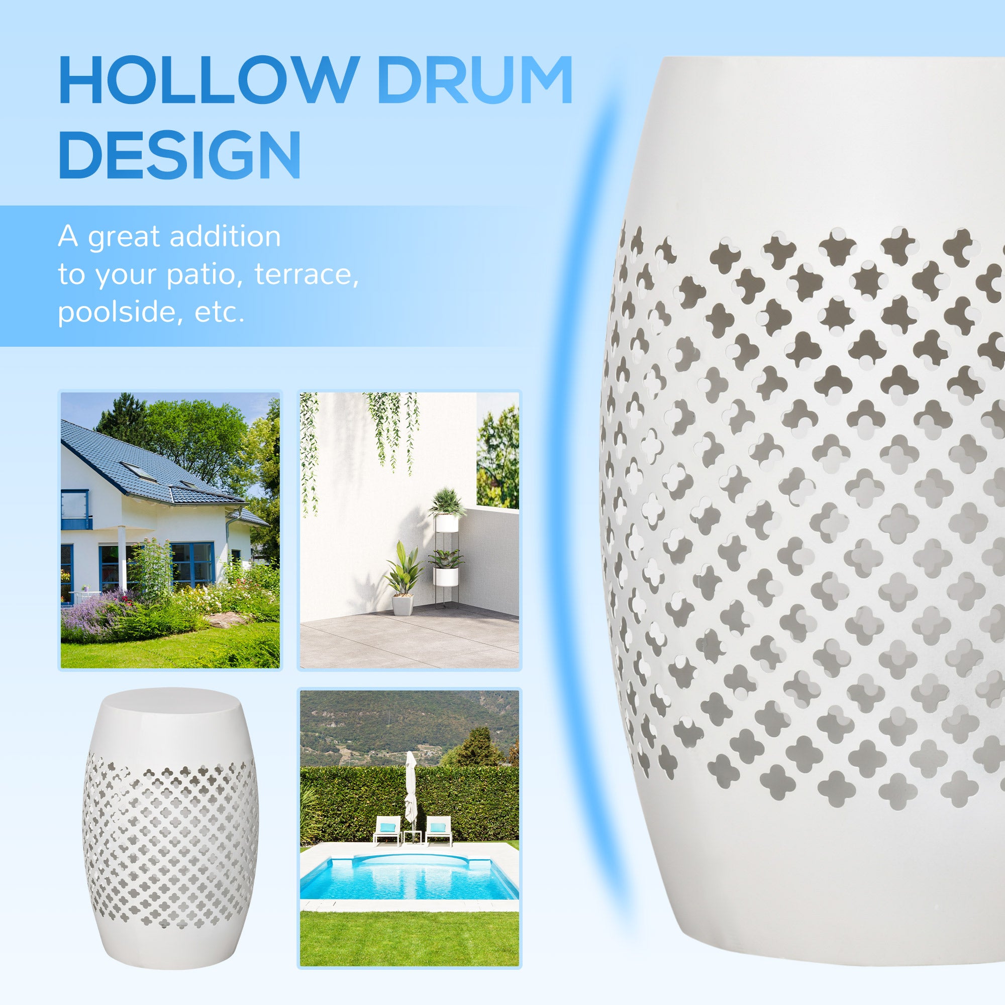 12" Steel Outdoor Side Table, Round Hollow Drum Patio End Table, Accent Table for Indoor and Outdoorr, White