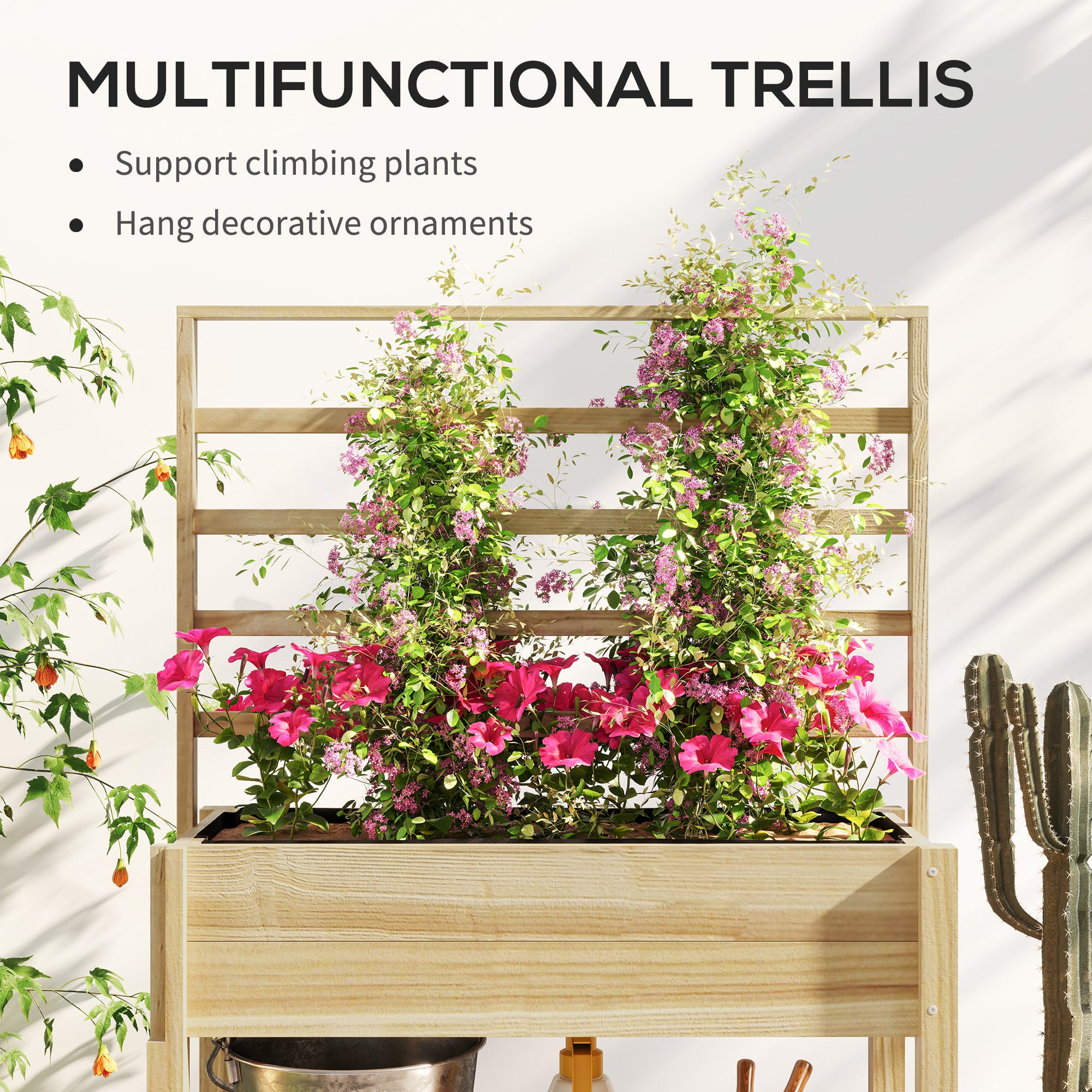 Wooden Raised Garden Bed with Trellis, Outdoor Planter Box with Storage Shelf for Vegetables, Flowers, Herbs