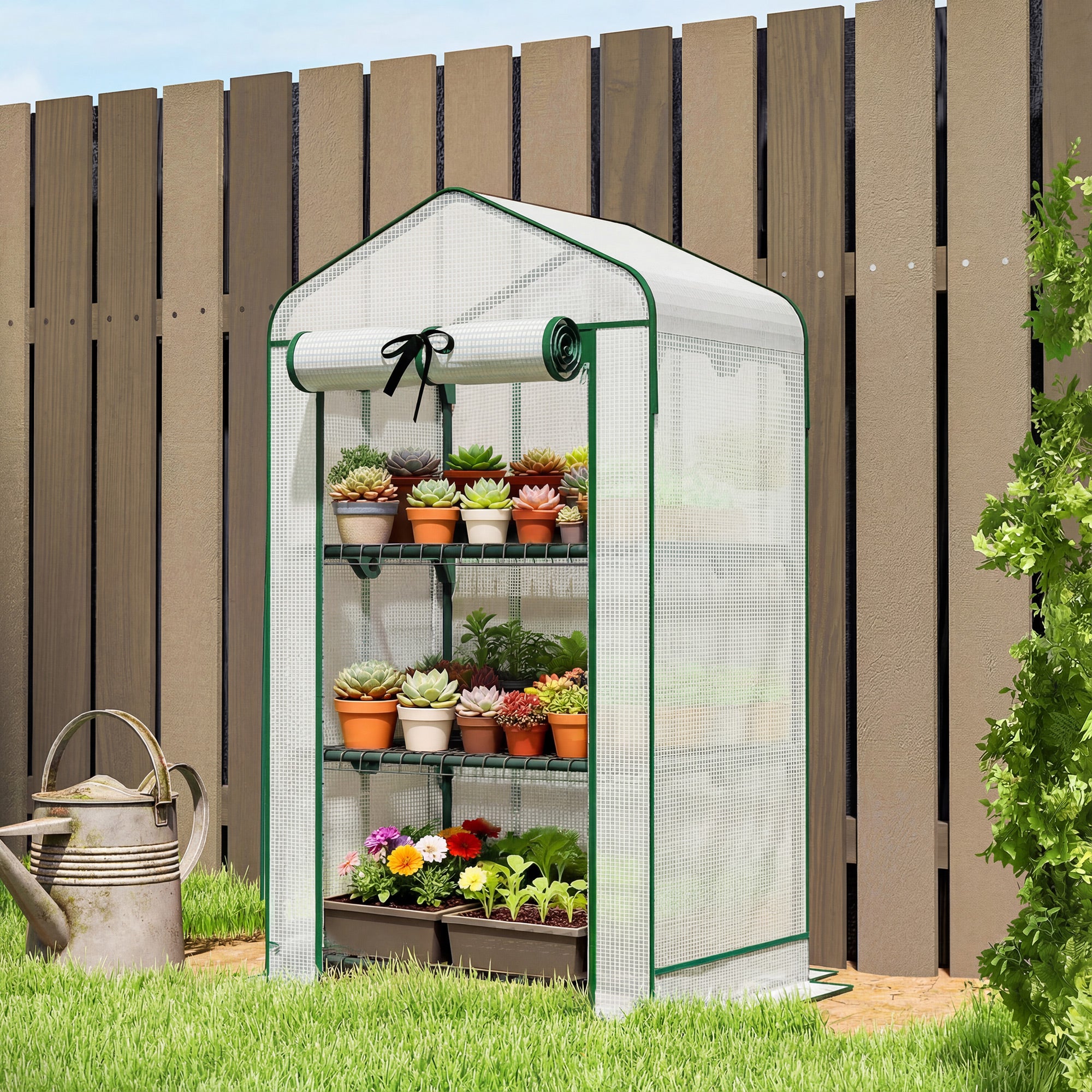 Mini Greenhouse with Screen Roof, Portable Small Greenhouse with Roll-Up Zipper Door, 27.6" x 19.7" x 50", White