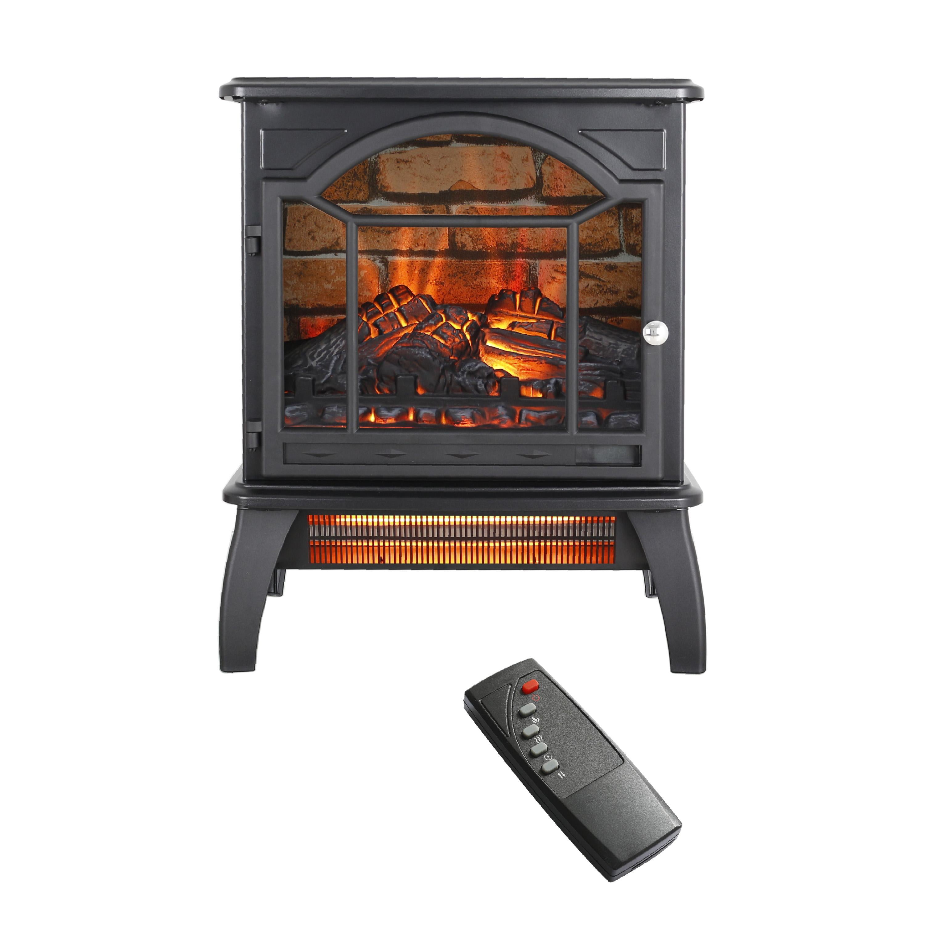 18" 3D Flame Electric Infrared Quartz Fireplace Stove with Remote Control, Overheat Protection, Free-Standing Design, Antique Black