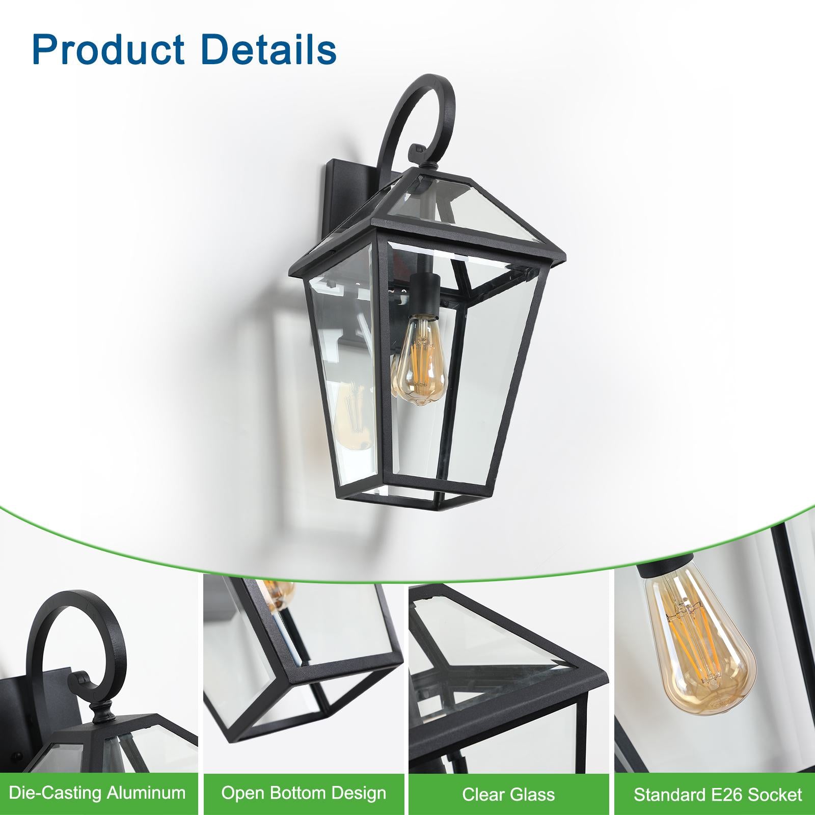 21" Outdoor Wall Lantern Light 2-Pack with Weather Resistant, Modern Metal, Glass Sconce for Porch and Patio, 24" L x 10" W x 21" H, Black