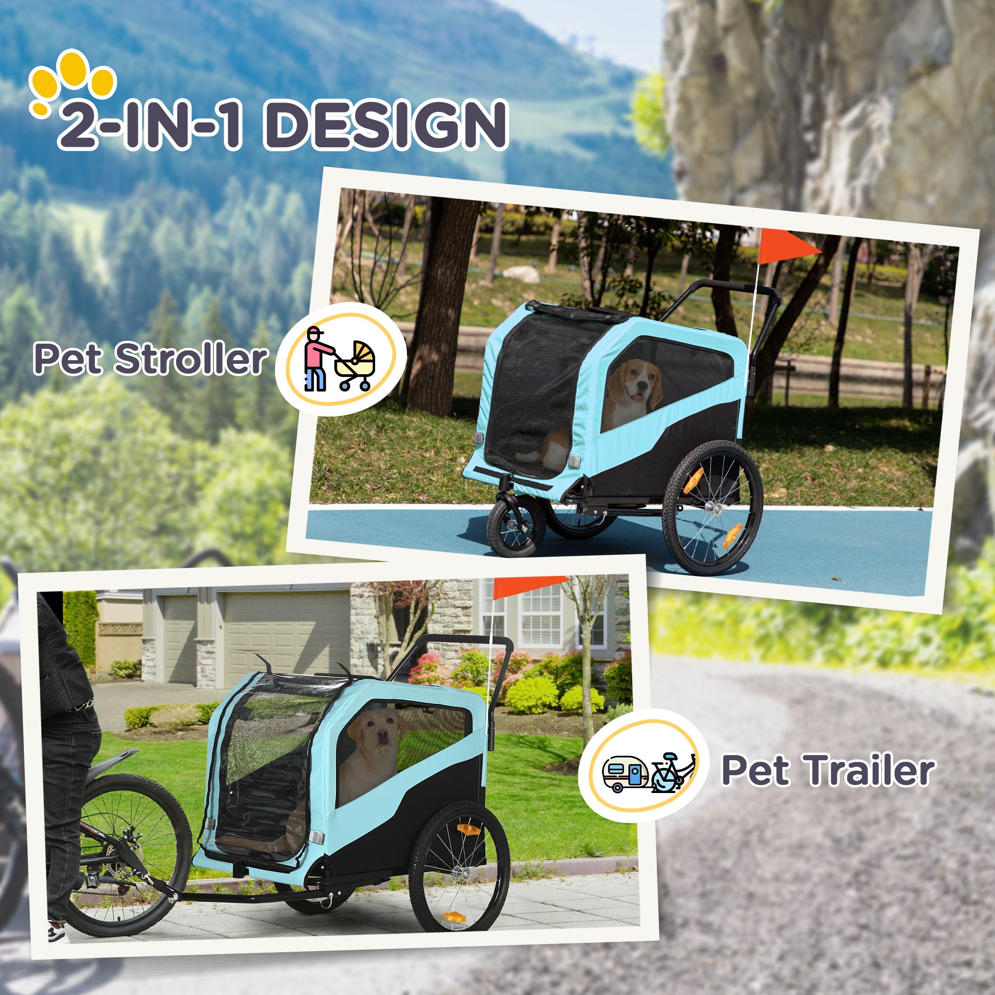 2-in-1 Dog Bike Trailer Pet Stroller Carrier for Large Dogs with Hitch, Quick-release Wheels, Foot Support, Pet Bicycle Cart Wagon Cargo for Travel, Blue