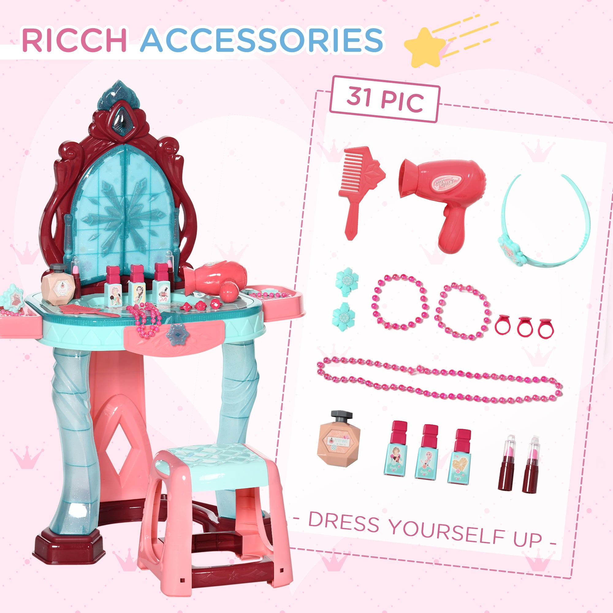 Kids Vanity Set with Self-Opening Magic Mirror, Princess Makeup Vanity Table Set with Music, Tabletop with Lights, Imaginative Toy for 3-6 Years Old Child
