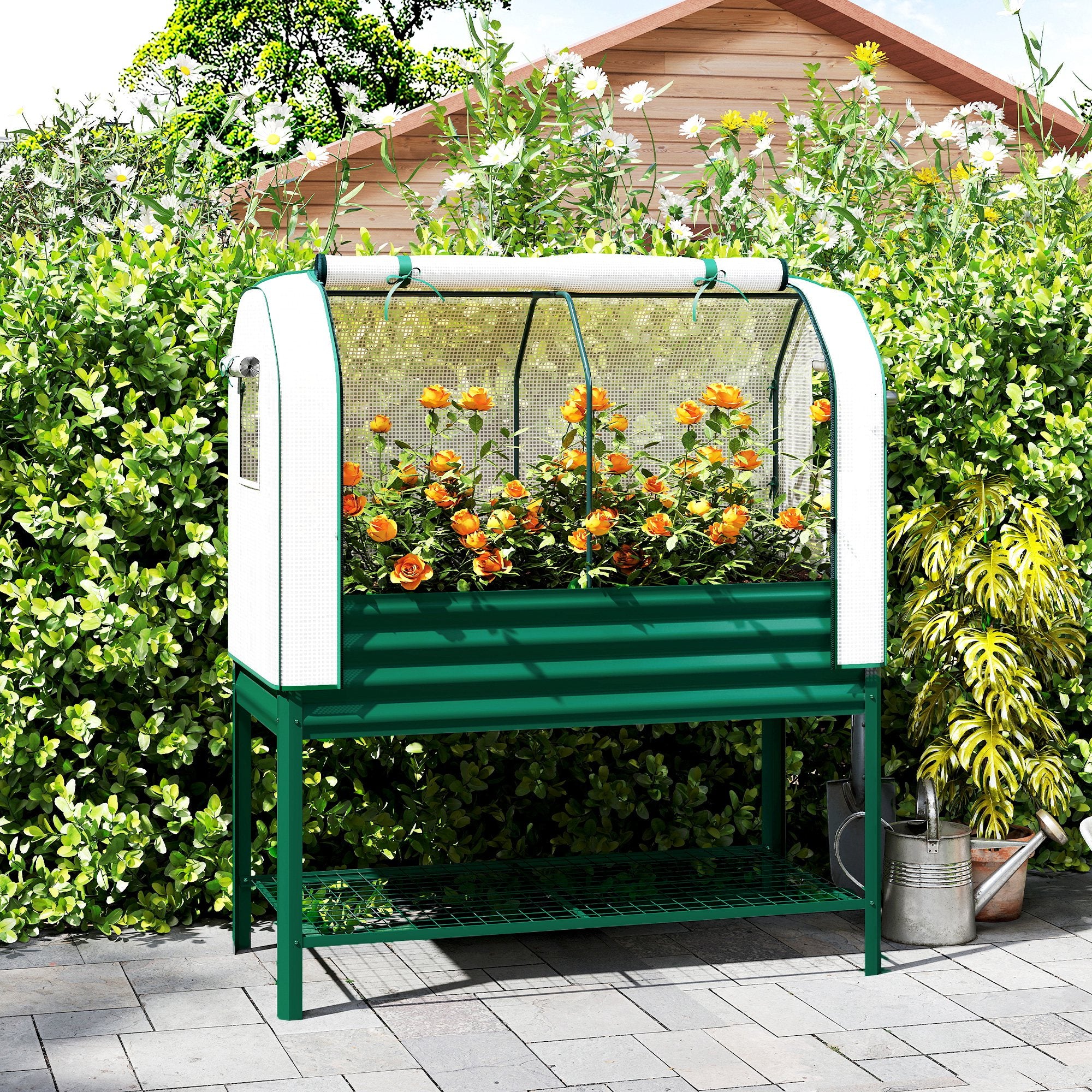 Galvanised Raised Garden Bed with Greenhouse Cover, Metal Elevated Garden Bed with Bed Liner, Bottom Shelf, Green